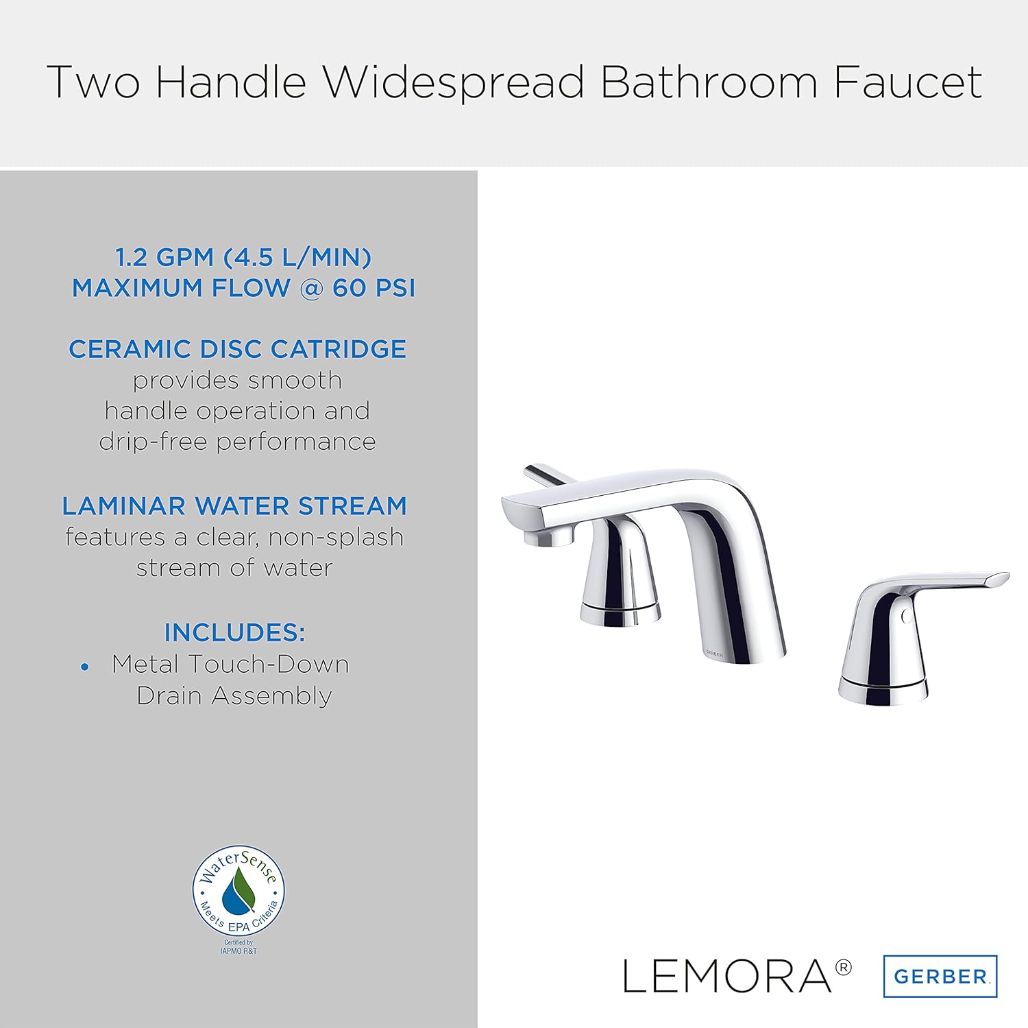 Gerber Plumbing Lemora Widespread Lavatory Faucet with Metal Touch-Down Drain