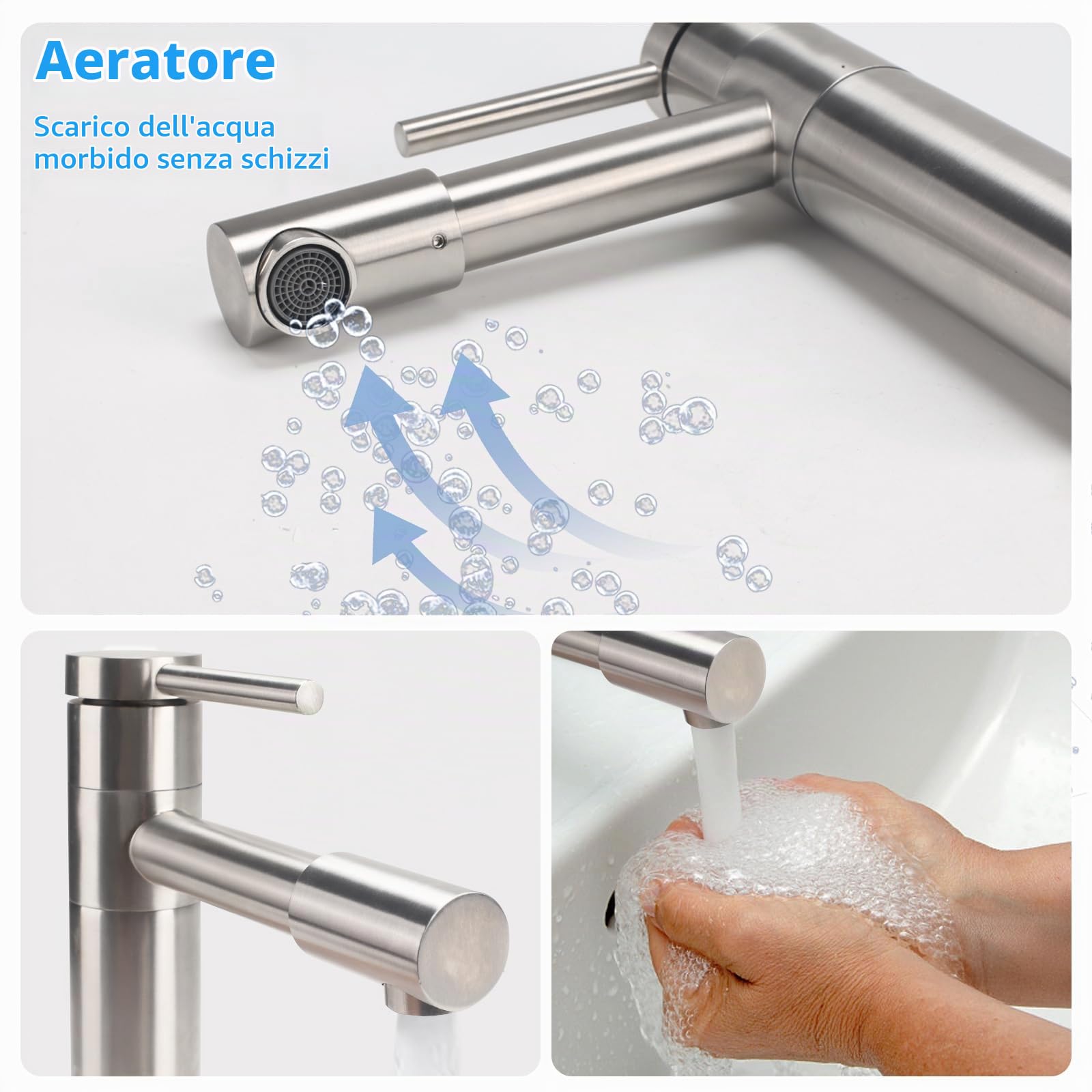 Rubinetto Bagno Lavabo 360° Girevole Miscelatore Lavabo Bagno | Rubinetto Monocomando Fredda e Calda Rubinetto per lavabo con Cartucce in Ceramica in Acciaio Inox Spazzolato Argento