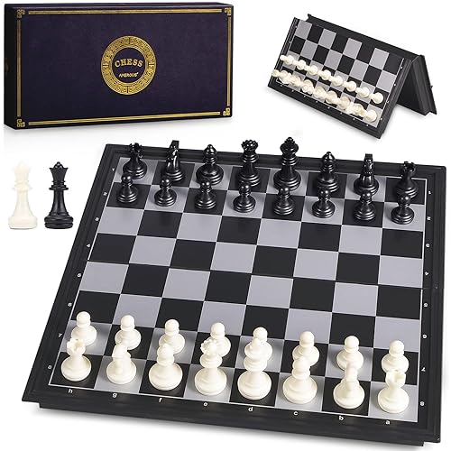 AMEROUS 10 Inches Magnetic Travel Chess Set with Folding Chess Board - 2 Extra Queens - Instructions for Beginner, Kids and Adults