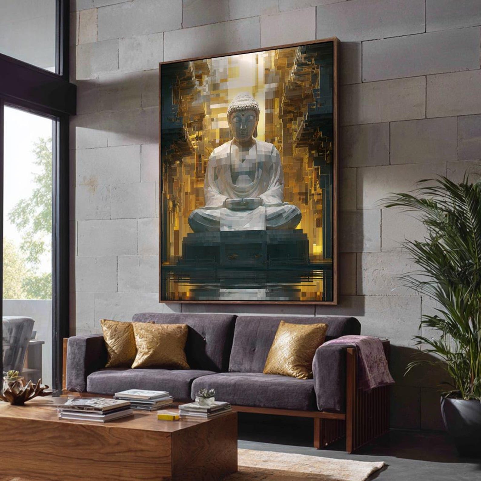 Cuadro de Buda espiritual sobre lienzo - Decoración de pared para sala de meditación - Arte de retrato budista zen - Decoración para estudio de yoga - Cuadro (60x80cm/Marco interior)