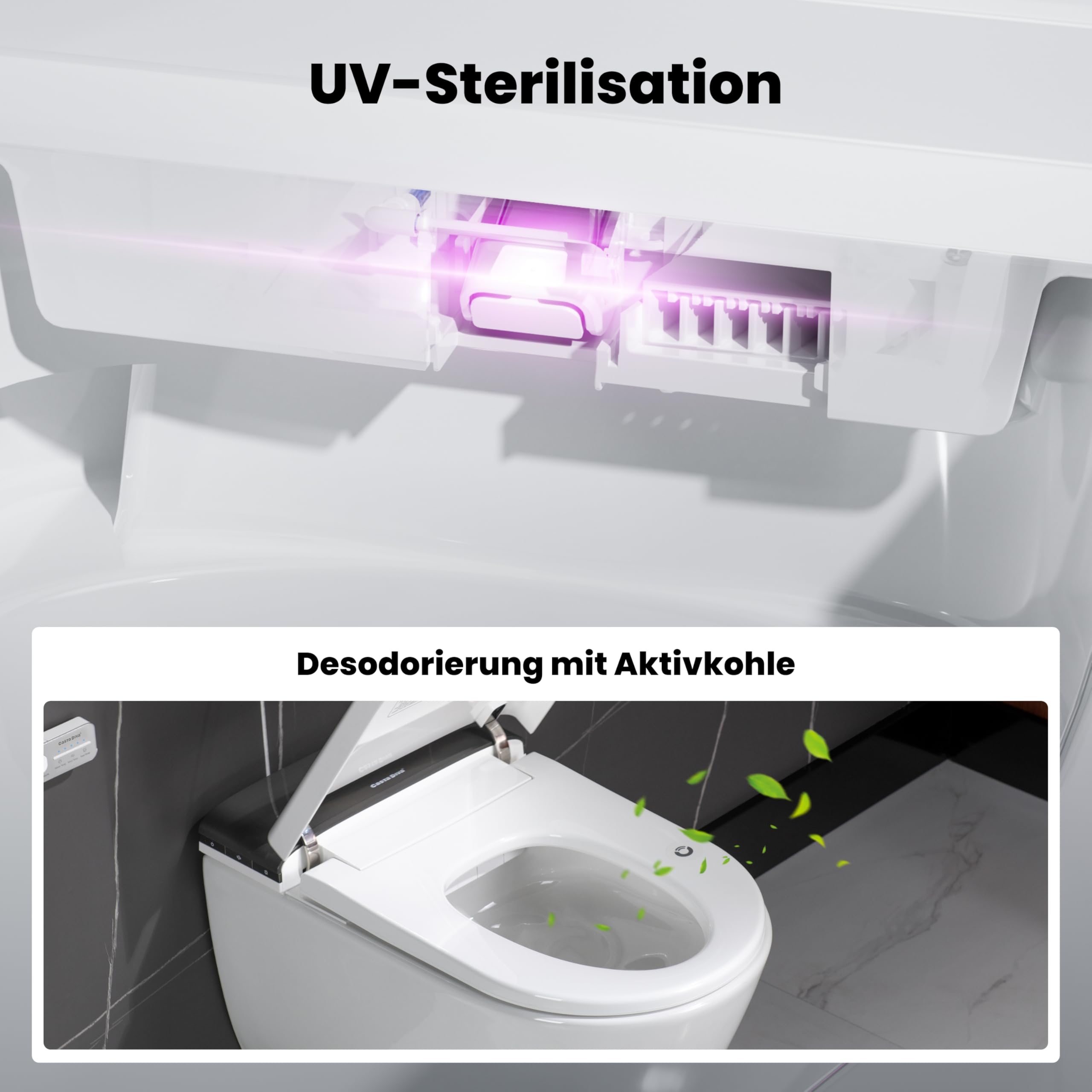 Casta Diva WC z bidetem kompletny zestaw z UV-sterylizacją, wiszące WC z funkcją bidetu, podgrzewane siedzenie, funkcja odkamieniania i neutralizacji zapachów, automatyczne otwieranie i zamykanie