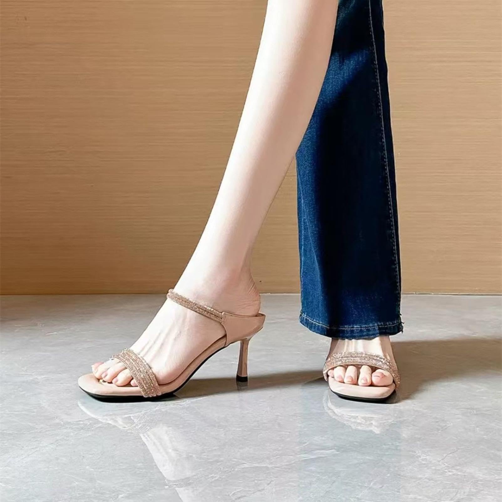 Generico Sabot da Donna A Punta Quadrata con Tacco A Spillo Sandali Alti | Sabot Tacco A Spillo Punta Quadra Doppio Cinturino Strass Sandali Slip On Eleganti Scarpe Aperte Party E Casual
