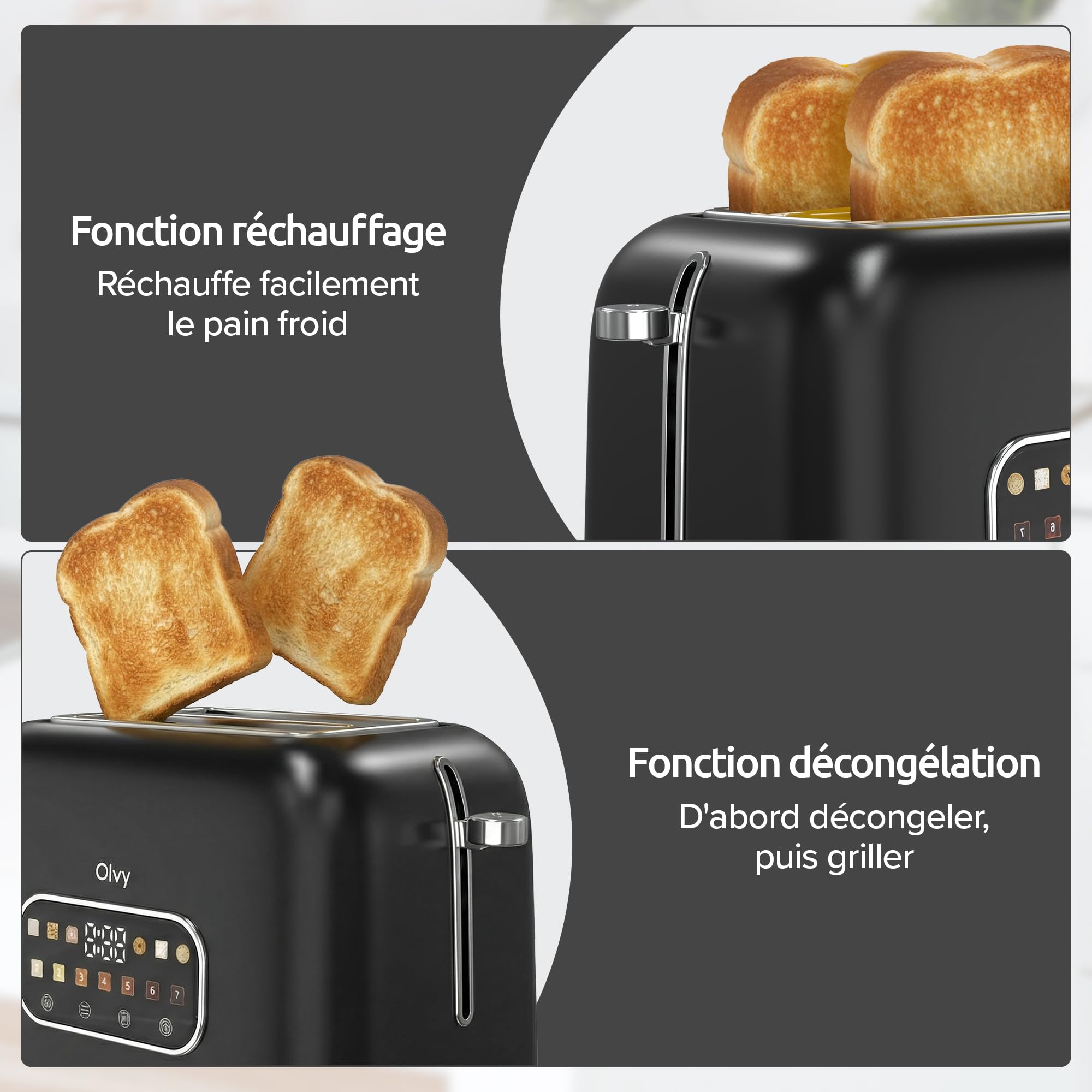 Olvy Grille-pain de luxe avec écran LCD et minuterie – Fentes extra larges (Décongeler/Réchauffer) – 7 niveaux de dorage – Black – 900 watts