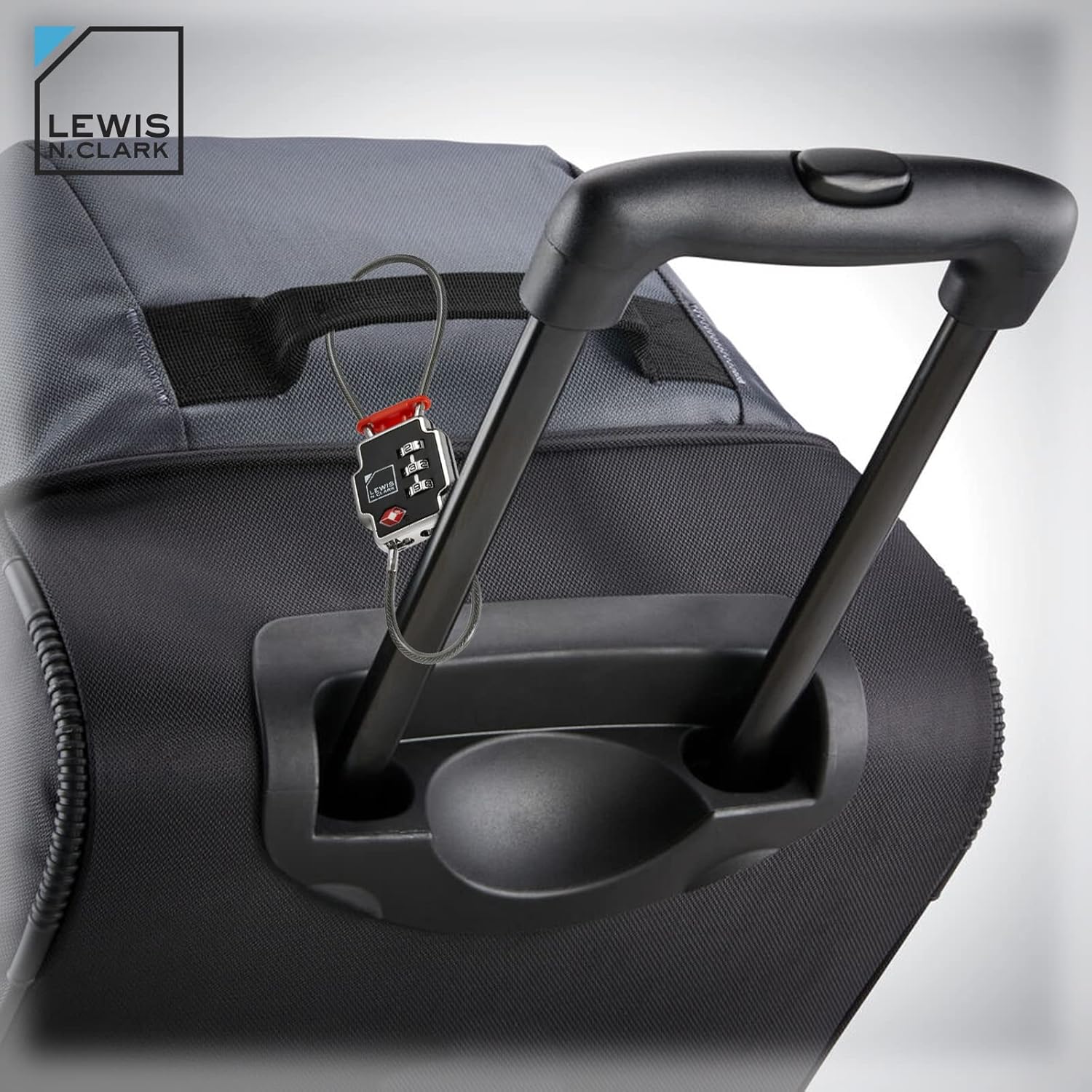 Lewis N. Clark Triple Security Lock securing a luggage handle to prevent theft.