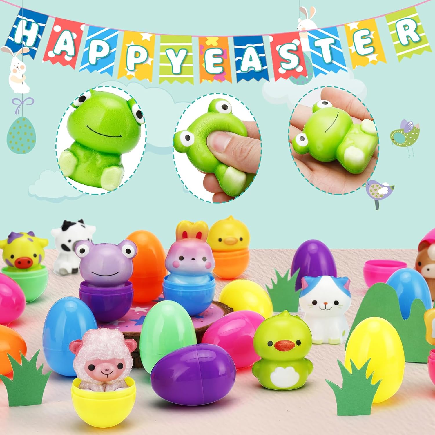 24 Pack Prefilled Easter Eggs with Animals Squishy Animal Toys for Easter Egg Hunt, Easter Basket Stuffers Fillers, Easter Party Favors, Easter Classroom Prize Supplies
