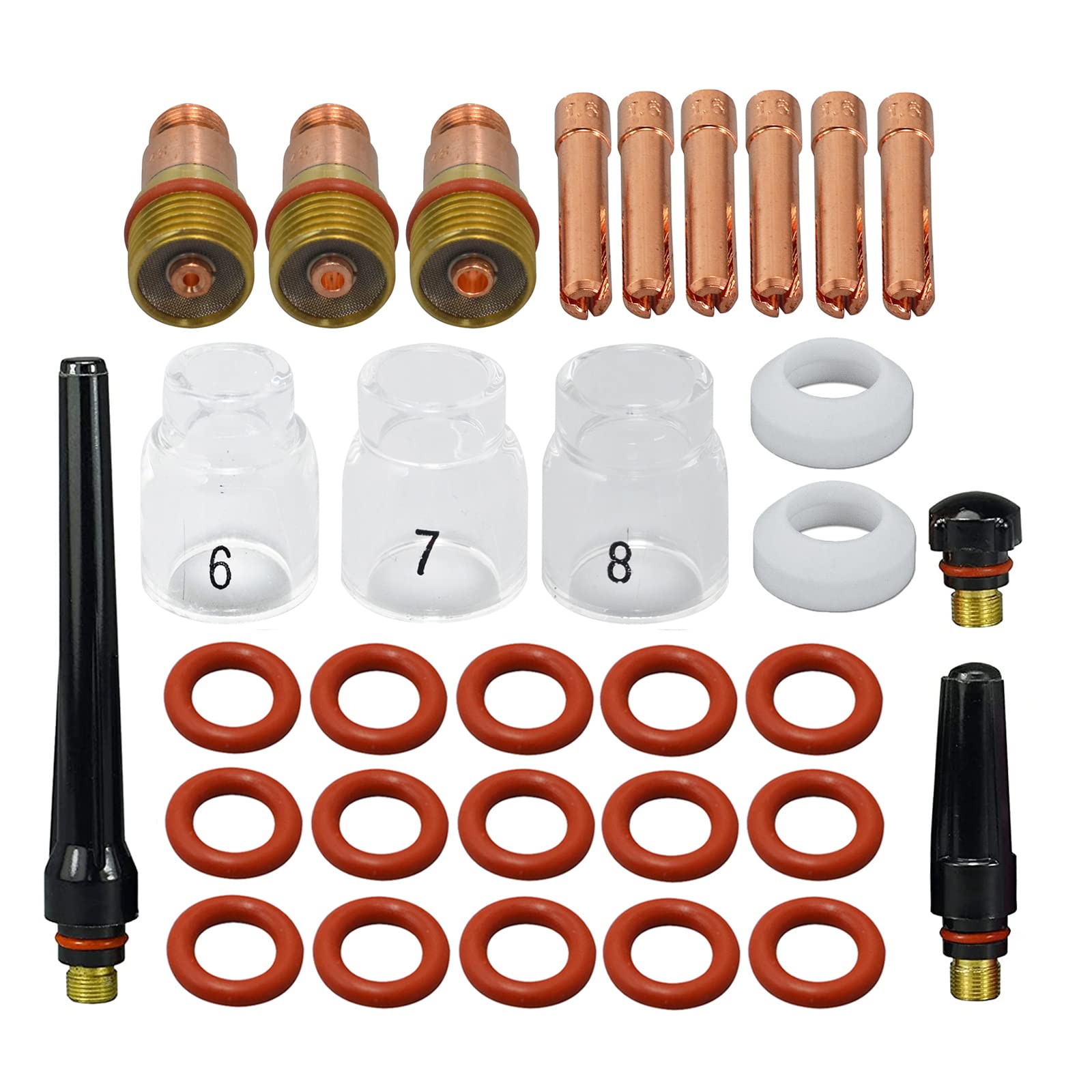 RIVERWELD TIG Stubby Gas Lens Collet Bodies 10N 4GL Series Quartz Nozzle Clear Glass Cups 53N60 6# 9.5mm, 53N61 7# 11.0mm, 53N61S 8# 12.5mm 18CG20 Kit WP SR 17 18 26 TIG Welding Torch 32pcs
