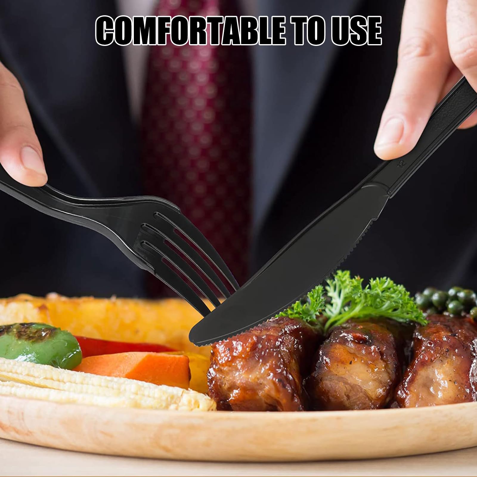 100 Stück Plastikbesteck, Plastik Besteck, Plastikbesteck Schwarz, Wiederverwendbar Set für Pizza, Dessert, 50 Plastikmesser & 50 Gabeln Plastikbesteck für Familienfeiern Outdoor Dinner, schwarz