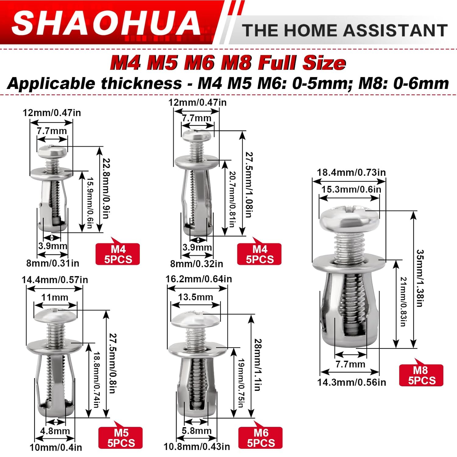 50Pcs Jack Nuts with Bolts, 304 Stainless Steel M4 M5 M6 M8 Petal Nuts Expansion Screws for Hollow Wall, Metal Sheet, Drywall, Aluminum Panel, Furniture, Automotive, Cars, Rust-proof & Durable