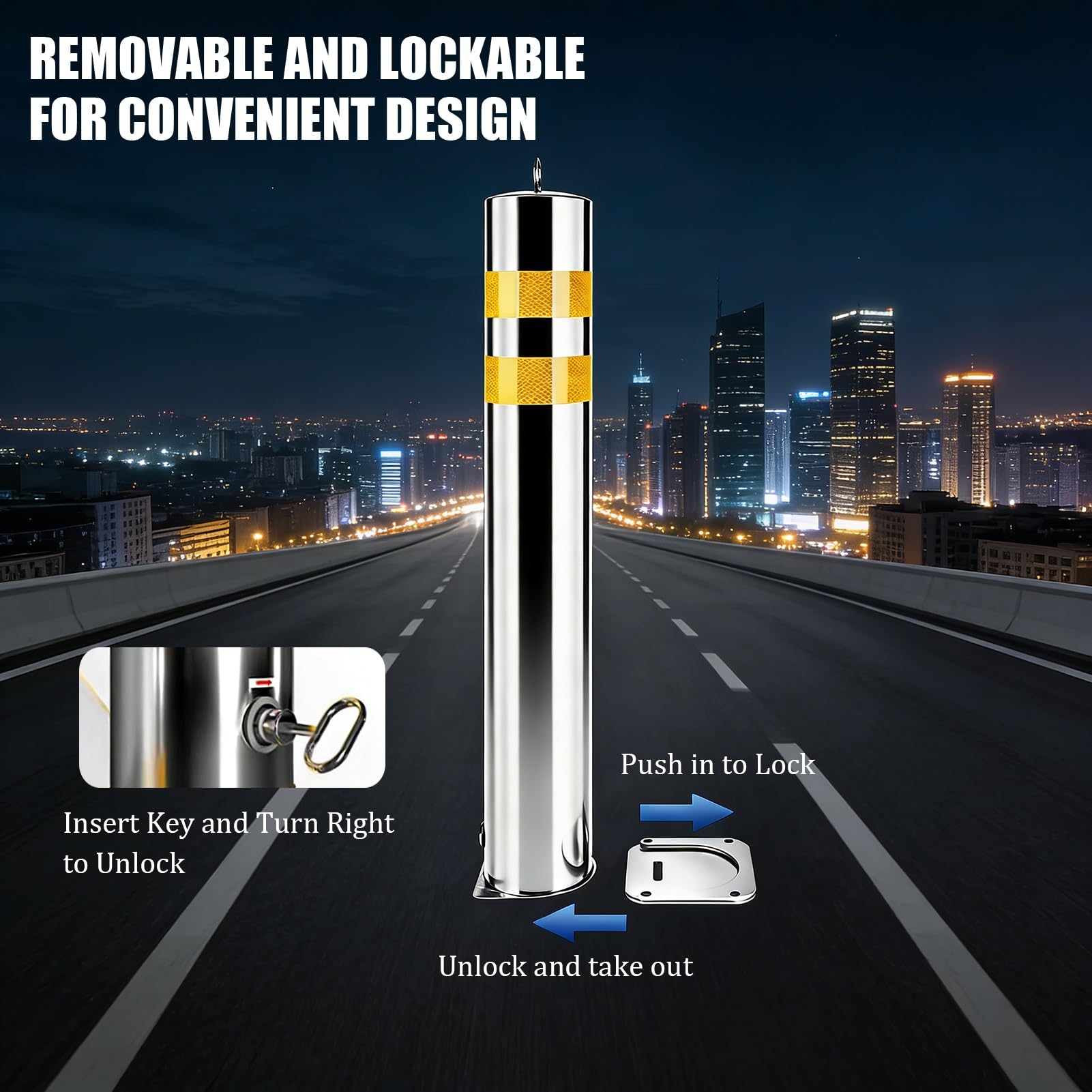 Paquete De 2 Bolardos De Seguridad De Acero Inoxidable Para Exteriores Bolardos De Barrera De Seguridad De Alta Visibilidad De 39,4 Pulgadas De Alto Bloqueables(39.4x3 in)