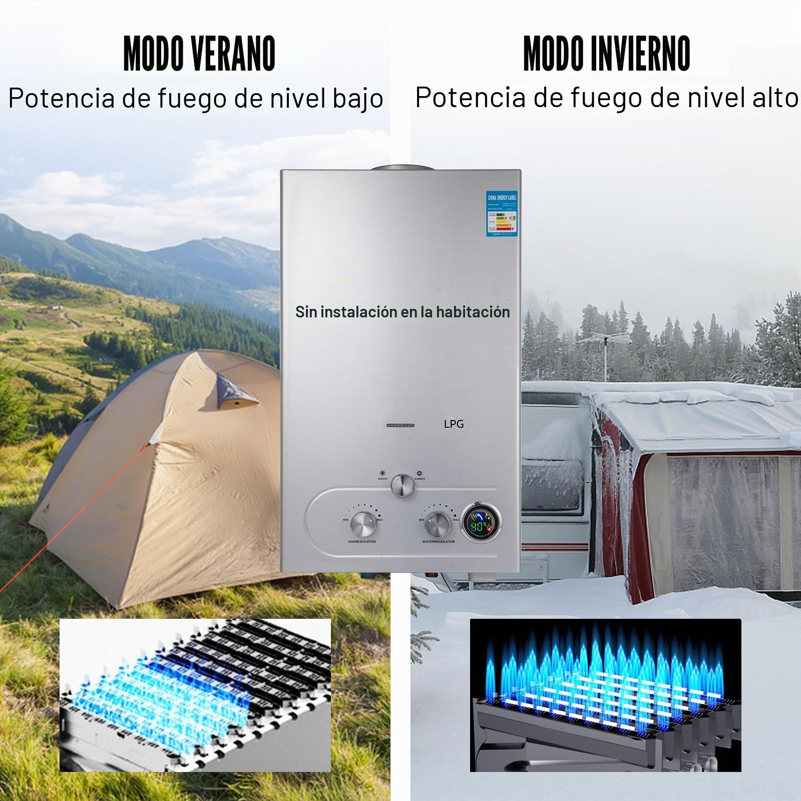 Calentador de agua de gas, 6LPM, calentador de agua instantáneo con gas, camping, GLP, propano, butano, 12 kW, acero inoxidable, presión de agua ultra baja, adecuado para la familia, autocaravanas