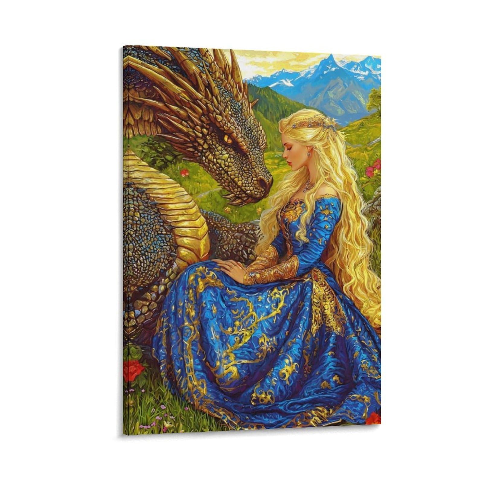 DHBANEIOK Dragon Princess Fantasy Wall Decor Poster Giclee Canvas Prints Modern Wall Art Picture Wall Hanging for Home Decorations 12x18inch(30x45cm)