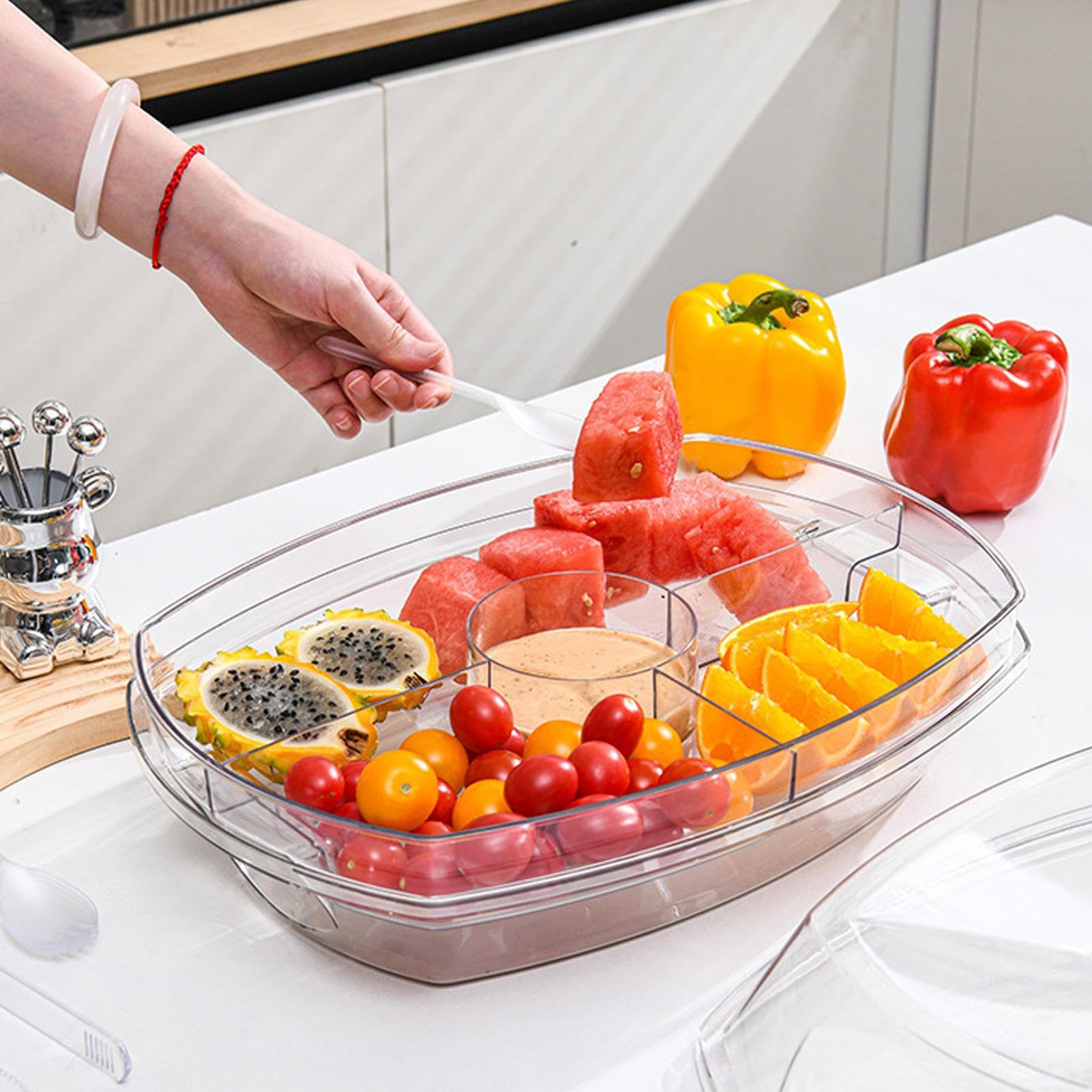 Vassoi da portata freddi per feste, contenitore per ghiaccio con 4 scomparti e coperchio, vassoio riutilizzabile per verdure, per feste, picnic, frigorifero, snack, dessert, frutta, verdura, insalata