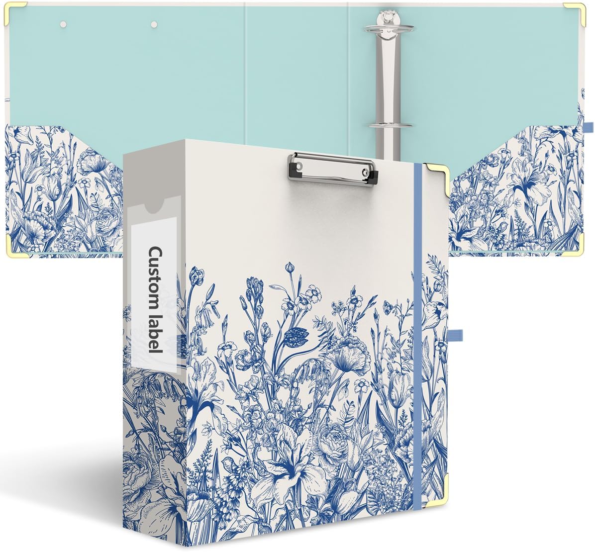3 Ring Binder 3 Inch, Cute Hardcover Low Profile Clipboard with Storage, 3'' Round Ring Binders for Letter Size Paper, Durable Binder Organizer for School Office Supplies(Vintage Blue Florals)