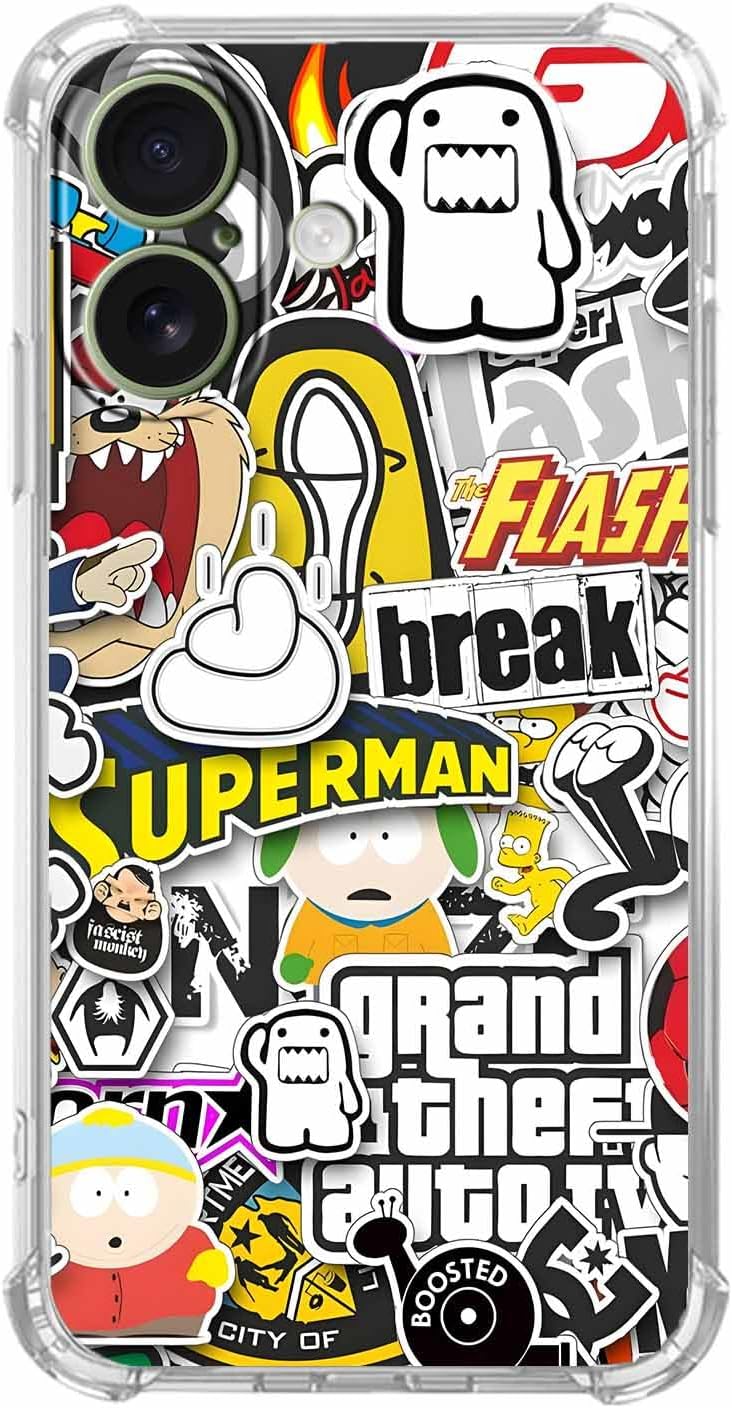 Case for iPhone 17 with Pop Culture Design,Aesthetic Cartoon Sticker Bomb Pop-Art Collage,Clear Slim Soft TPU Bumper Phone Cover,6.3”(Pop,17)