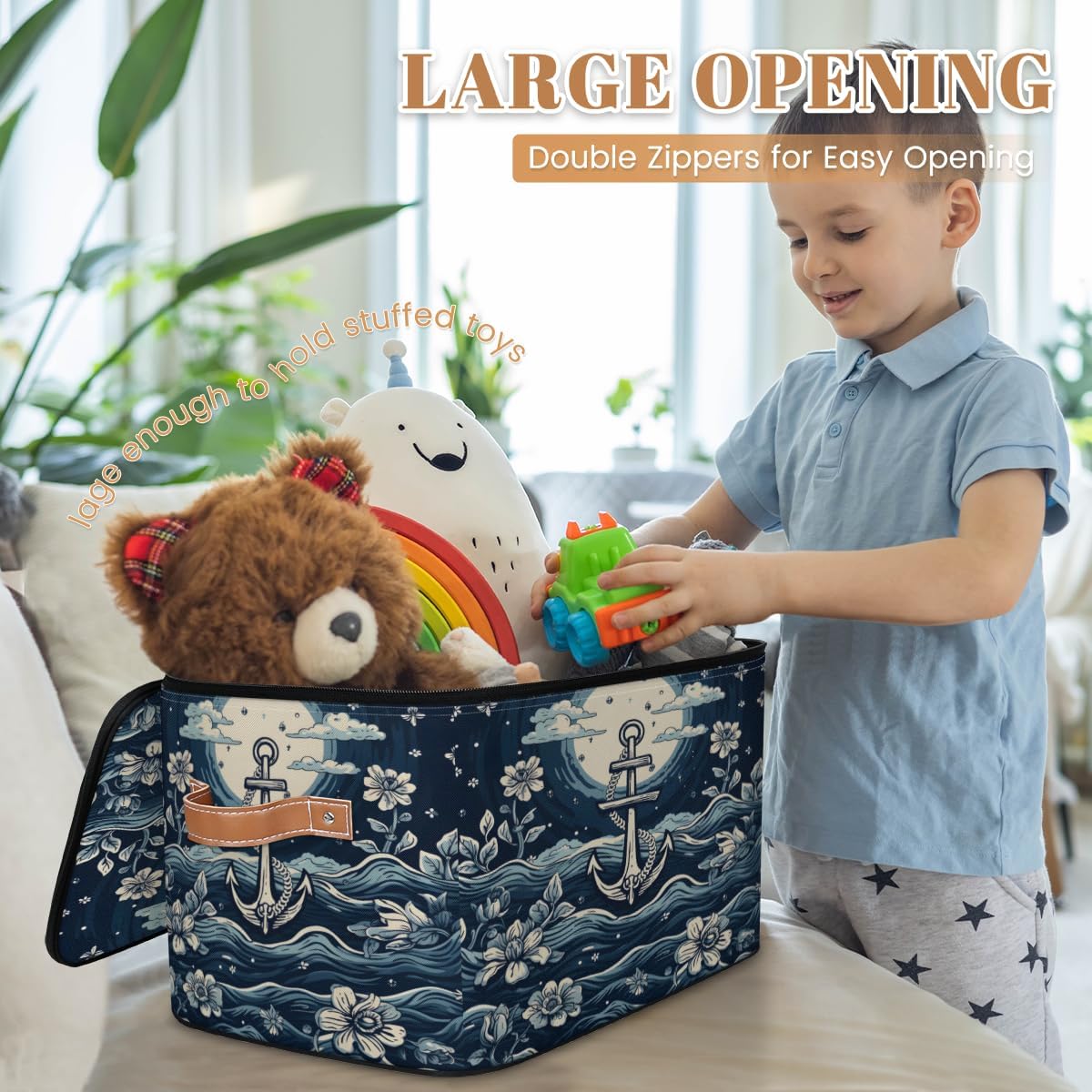 Storage Bin Set of 2 Ethnic Anchor Storage Basket with Zipper Lid & Handle Foldable Closet Shelf 2 Pack Cloth Organizer Basket Cube Bins Clothes Organizer for Nursery, Bedroom