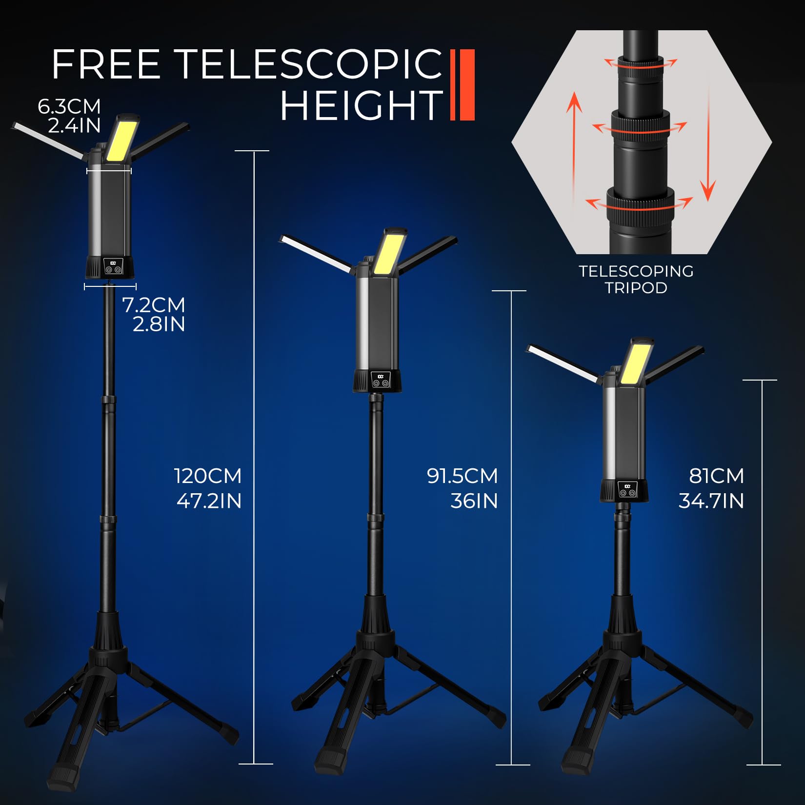 MLOGIROA Lampe de travail LED rechargeable avec trépied et 3 panneaux LED, lampe de camping pliable sans fil avec 2000 lumens, hauteur de 112,6 cm pour garage, pêche, extérieur