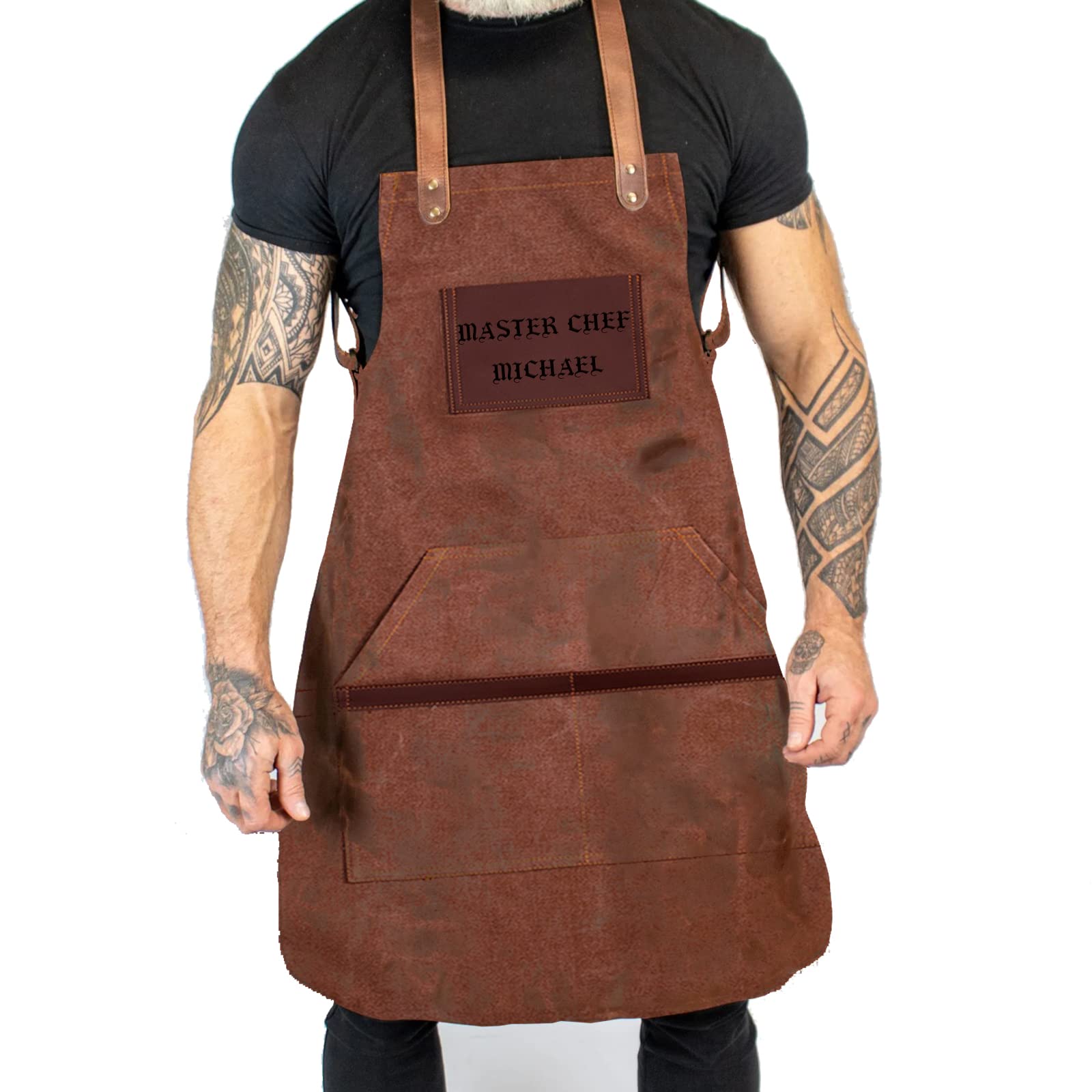 Personalized Premium Canvas Apron with Leather, Master Chef Aprons, Craftsman Custom Apron, Cooking, Kitchen, BBQ, Gardening, Cross-Back Adjustable Straps, Gifts for Dad Father for Men or Women