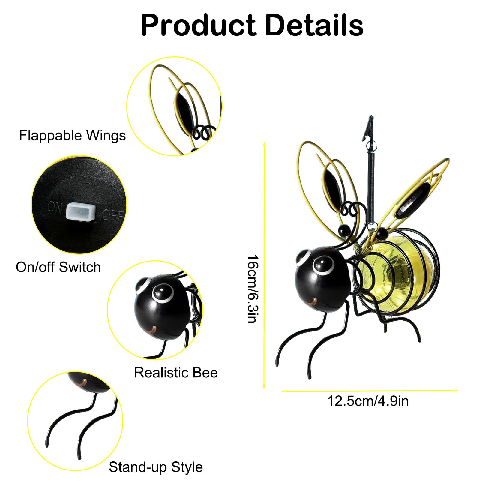 EMINGSKY Solar-Powered Hanging Bee Light, Metal LED Outside Bugs with Bouncy Springs Hanging Decor for Outside Garden Decor Backyard Balcony Porch Spring Decoration (2Pcs)