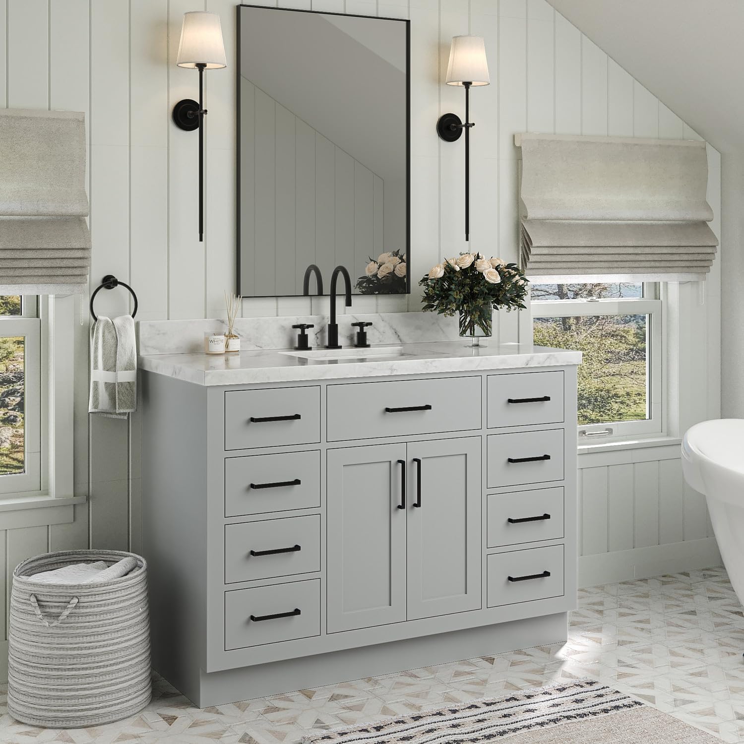 DKB Isabella 48-Inch Bathroom Vanity with Sink — Grey Single Sink Bathroom Vanity, 1.5" Edge Italian Carrara Marble Top, Solid Wood, 2 Soft-Close Doors, 8 Dovetail Drawers + Tilt Drawer