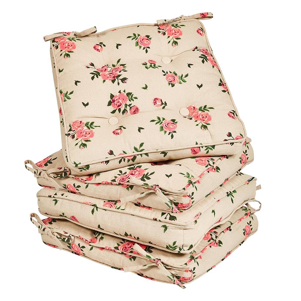 Garden Chair Cushion Seat Pads Dining Cushions (Set of 4, Beige Floral)