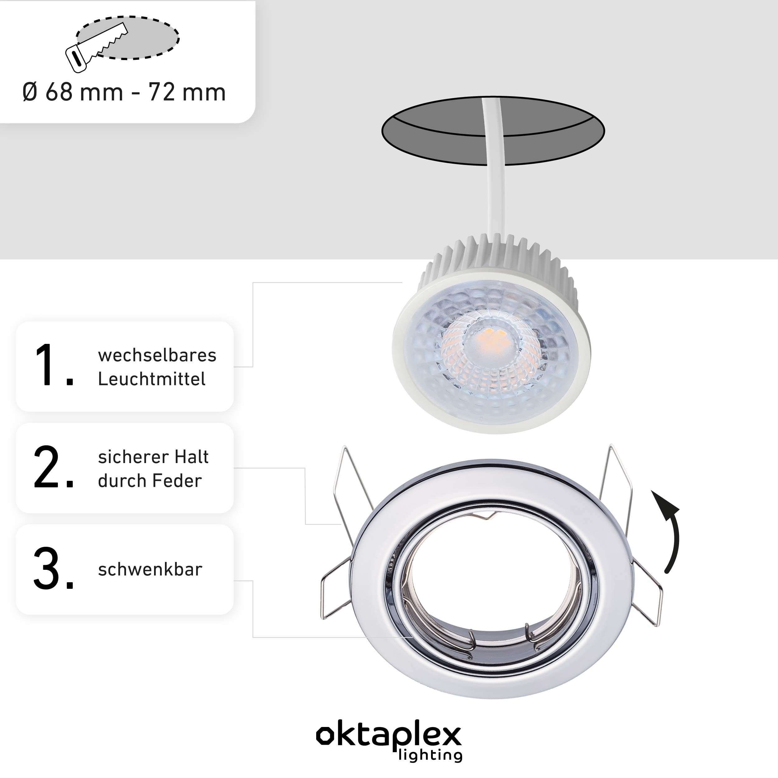 Oktaplex 6er Set Dijon LED Deckenspots 230V 3-Step dimmbar schwenkbar flach | 22mm Einbautiefe, Warmweiß 2700K, Lochmaß 68mm, 4,8W, 380lm, 110°, Einbaustrahler Chrom, rund
