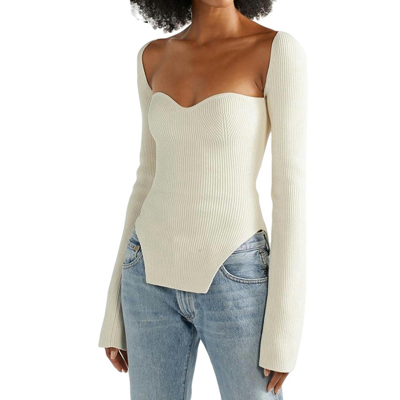 TEidea Rebeca Mujer Verano Autumn Fashion: Suéter De Punto Dividido De Lado Blanco con Cuello Cuadrado Y Mangas Largas para Mujeres-Blanco-S