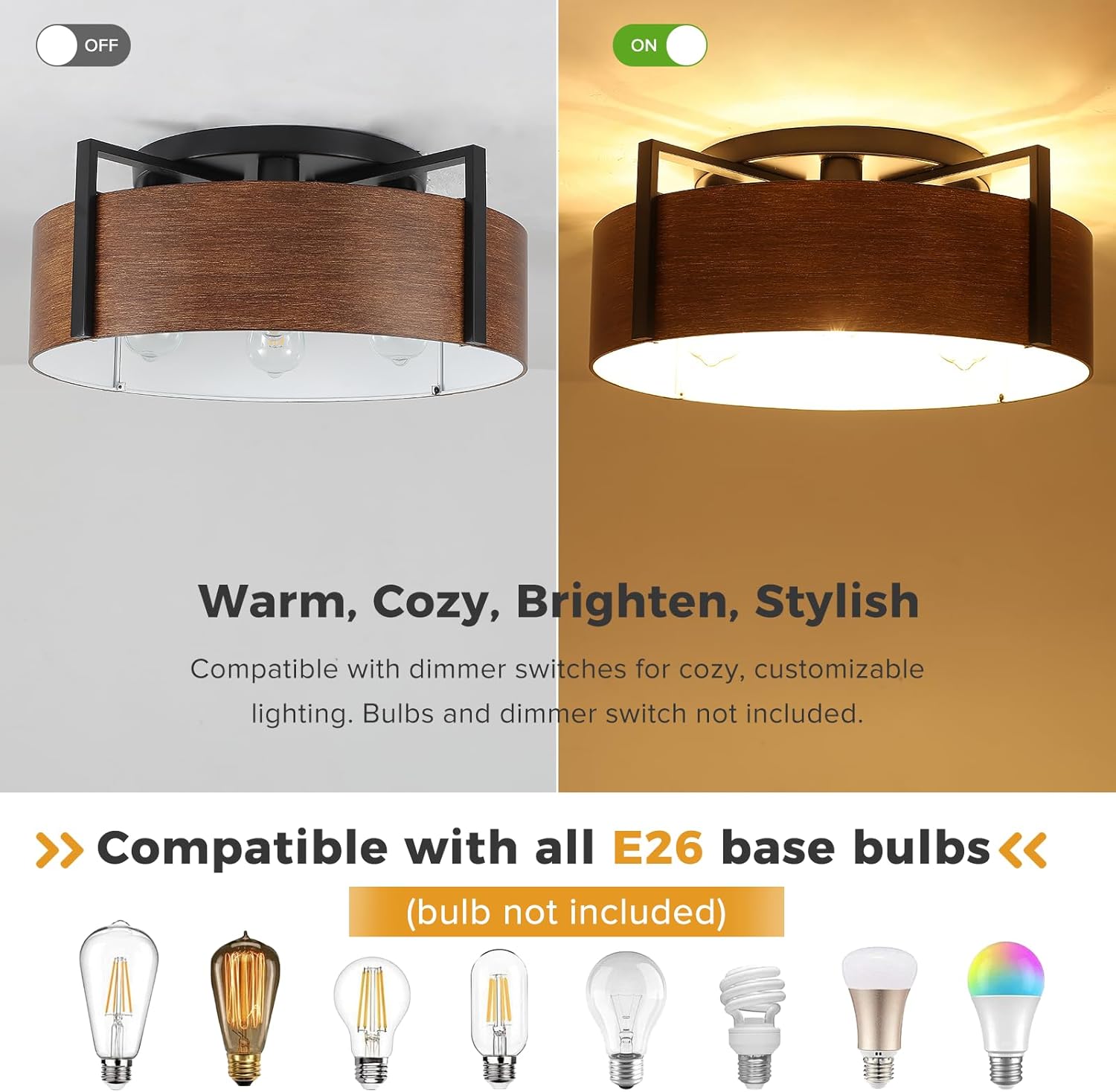 20'' Farmhouse Semi Flush Mount Ceiling Light, 4-Light Rustic Hallway Entryway Light Fixtures, Metal Wood Grain Finish Close to Ceiling Lights for Kitchen Dining Room Bedroom Living Room Foyer, Brown