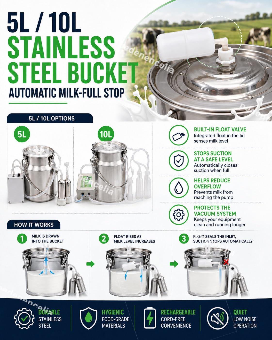 Mungitrice Elettrica 5L/10L, per Mucche e Pecore, Ricaricabile 10L-cattle | Batteria 5200mAh Senza Fili e Rete, Valvola a Galleggiante Auto-Stop e Secchio Inox per Piccole Fattorie