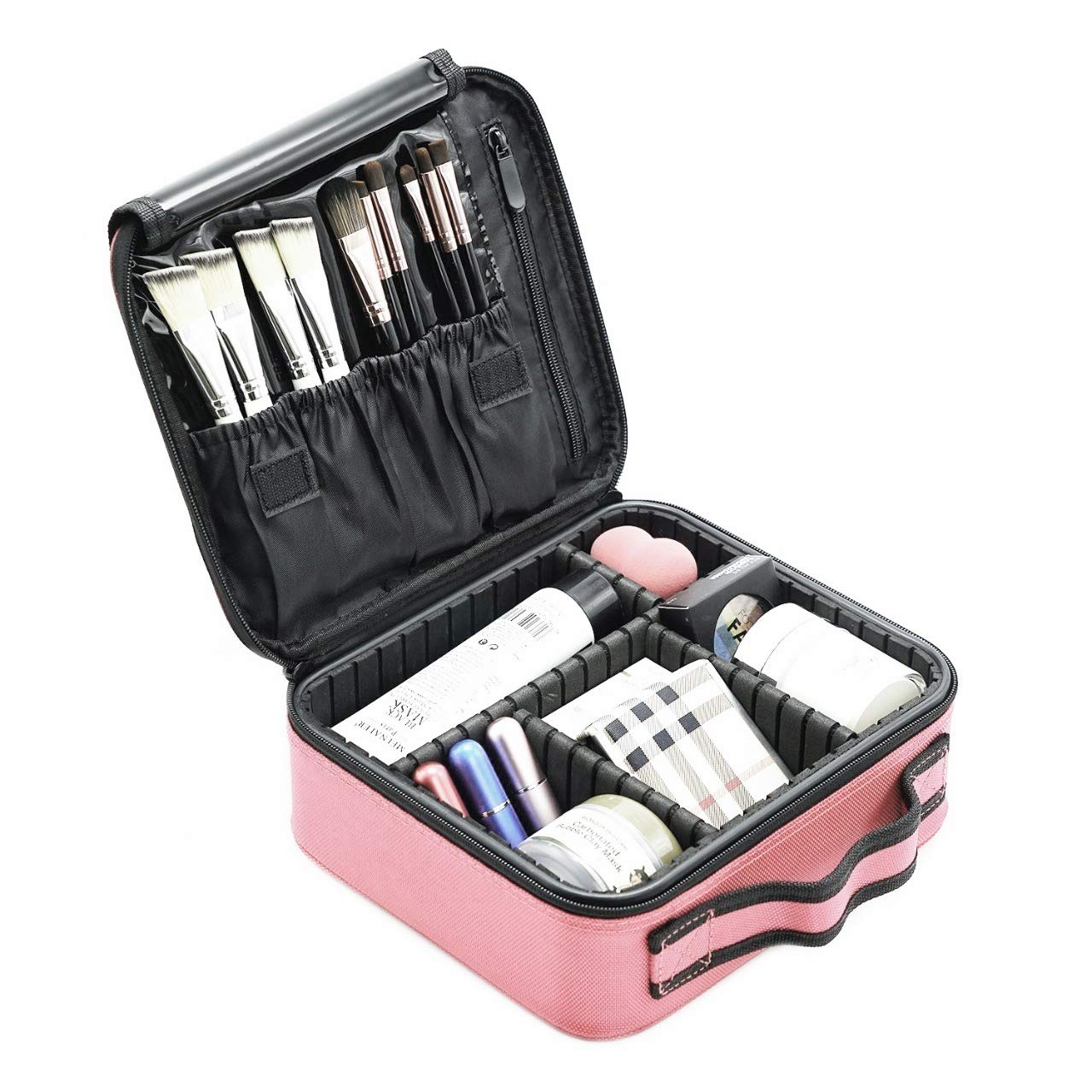 House of Quirk Nylon Travel Makeup Cosmetic Storage Case with Adjustable Compartment - Light Pink