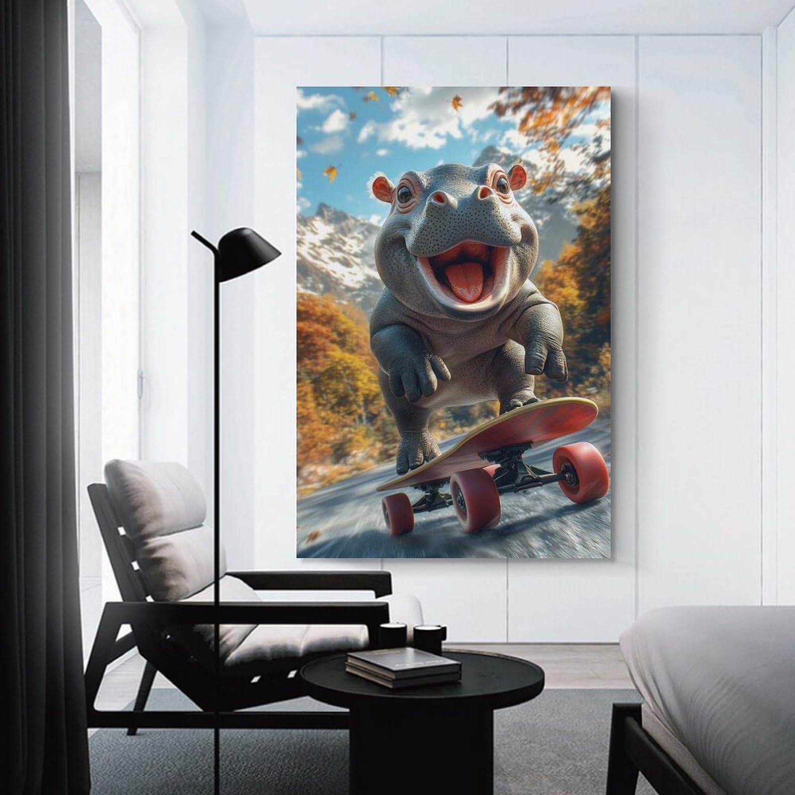 Junmoney Smiling Hippo Skateboarding Home Decor Wall Art, 08x12inch(20x30cm), for Apartments, Flats Or New Home Decor, An Easy Choice for New Home Styling