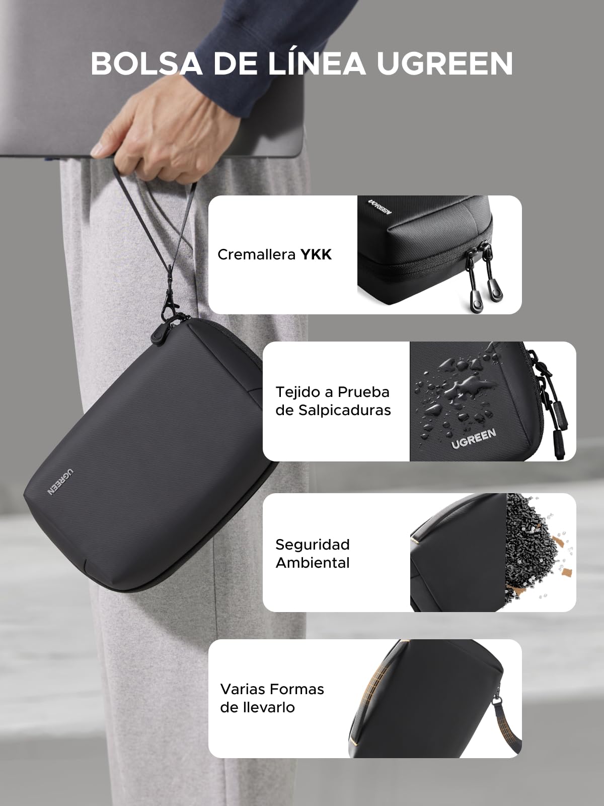 UGREEN Organizador Viaje Almacenamiento de Accesorios Electrónicos, Bolsa de Cable Impermeable Todo en Uno Negra