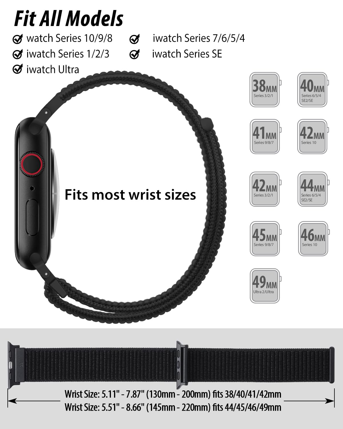 Nylon Loop Sport Band Compatible with Apple Watch Bands for Women Men 40mm 44mm 45mm 46mm 49mm 38mm 42mm, iWatch Wrist Straps for Ultra 2, SE, Series 10 9 8 7, Breathable, Soft Band Ideal for Outdoor