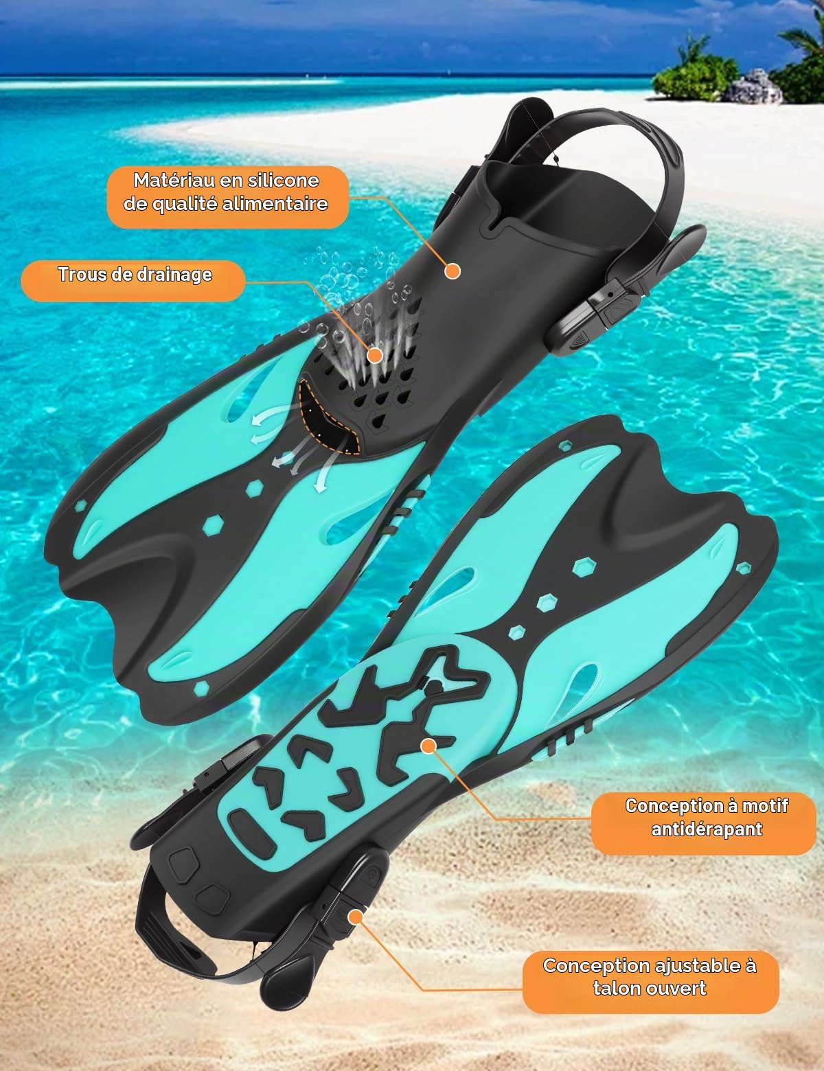 Kit de Plongée pour Adulte avec Masque et Tuba,Palmes Réglables,Bouchons d'oreilles,Masque de Plongée,Kits de Randonnée Aquatique pour Snorkeling Adultes,Aventure sous-Marine
