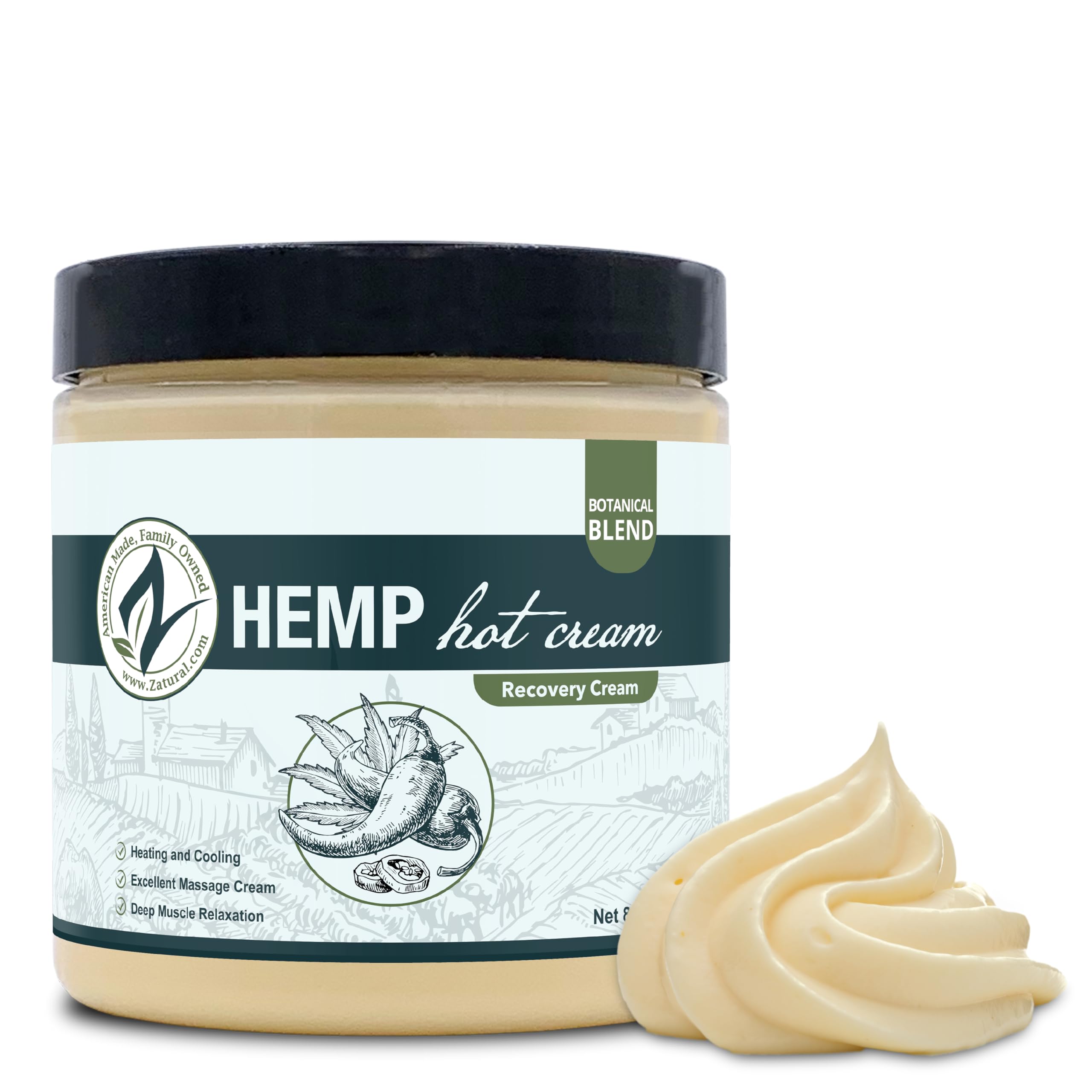 Zatural Hemp Hot Cream Massage Joints and Muscles and Body Wraps Essential Oil Blend, Aloe, Hemp, and More (8oz jar)