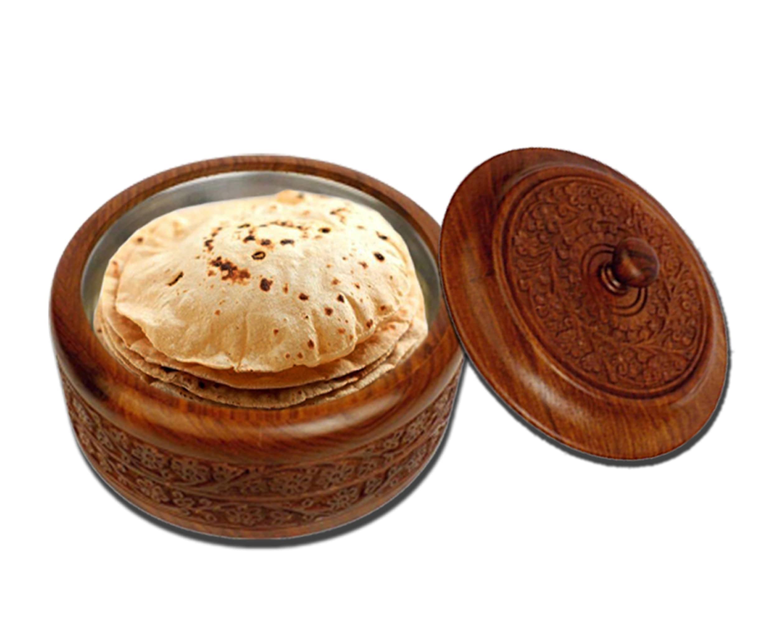 Craft Castle Wooden Stainless Steel Bread CHAPATI Casserole with Engraved Design Finish Kitchen Home Décor Ideal for Gift on Diwali and Christmas (Dimension : 9 Inch X 9 Inch X 4 inch)