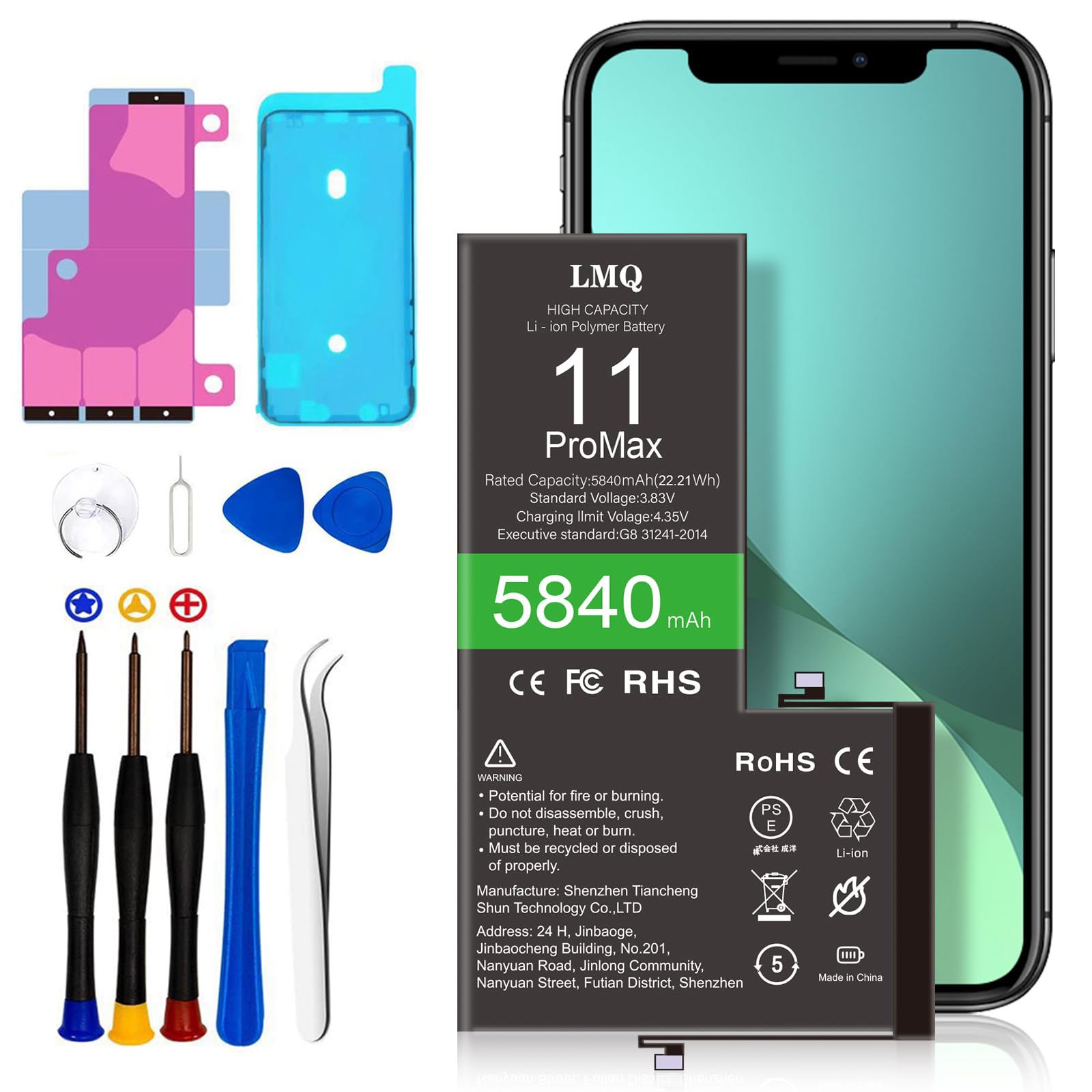 LMQ5840mAh Super Capacity Battery Compatible with iPhone 11 Pro Max, 0 Cycle Li-Polymer Replacement Battery for iPhone 11 Pro Max（Model A2161, A2218, A2220） with Repair Tool Kit+Adhesive