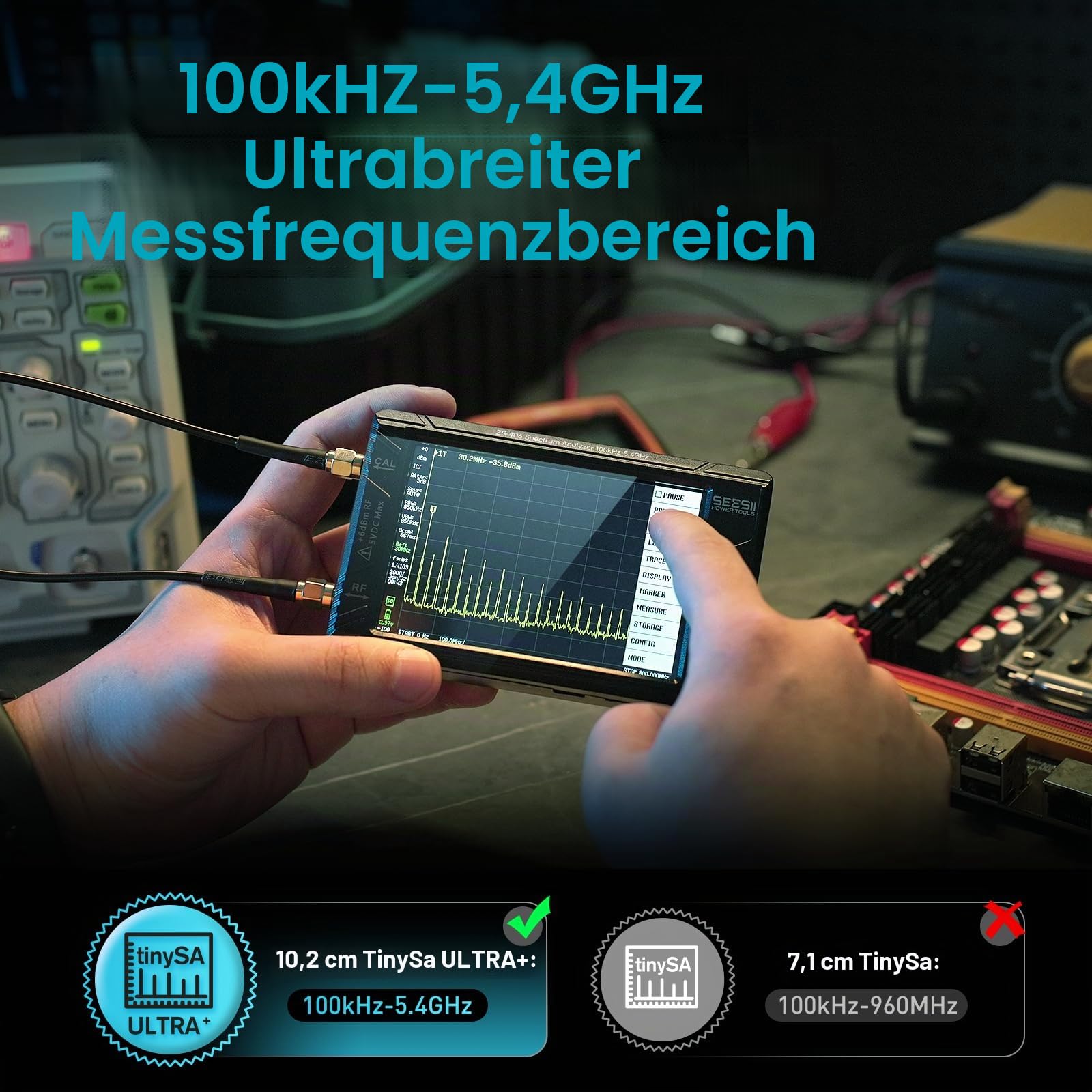 SEESII TinySA Ultra+ ZS406 Spektrumanalysator, 2025 Tragbarer Frequenzanalysator 4,0 Zoll 100 kHz - 5,4 GHz mit 32GB Speicherkarte, 2 in 1 Signalgenerator 100 kHz - 800 MHz MF/HF/VHF UHF-Eingang