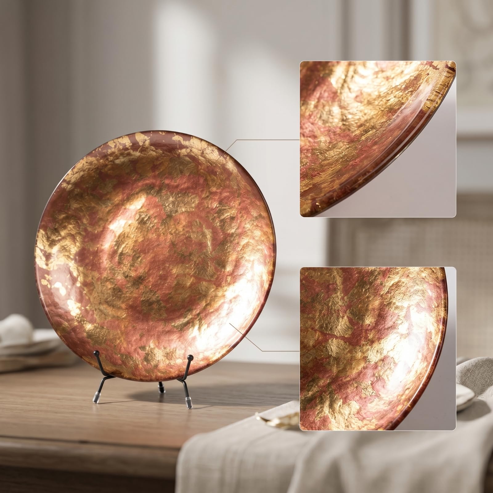 Baoblaze Vassoio Decorativo Rotondo in Vetro Piatto Centrotavola Supporto Disco in Cristallo Caldo Rosso Oro E Supporto Metallico Stabilizzato Adatto a Consolle Ingresso Scaffalatura Studio