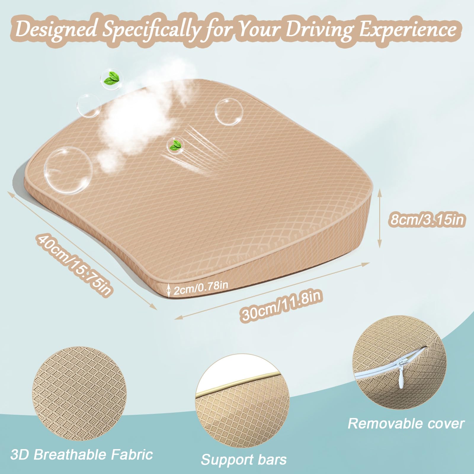 2 in 1 Cuscino Sedile Auto Guidatore o Cuscino Lombare - Cuscino Rialzo Sedile Auto di Memory Foam da 8 cm - Cuscino Seggiolino Auto Comfort Cuscino per Auto Seduta Guidatore, Beige