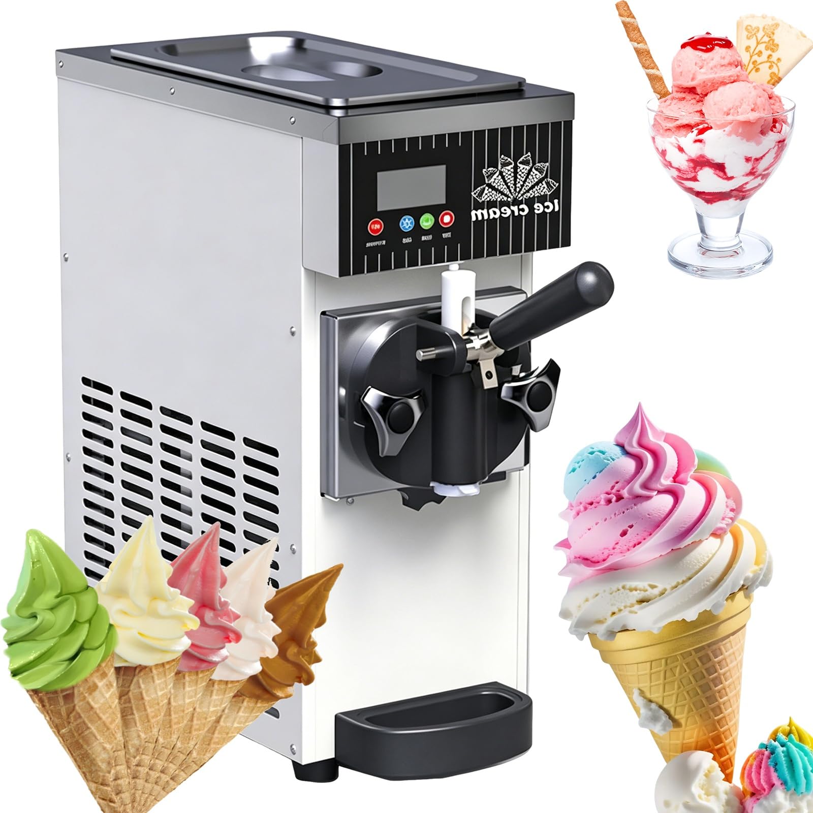 Soft Serve Ice Cream Machine, Maszyna do lodów nablatowych, 4-5 kg/H Wydajność, wstępne chłodzenie, automatyczne czyszczenie, panel LCD, pojedyncza ekspres do lodów smakowych do użytku domowego