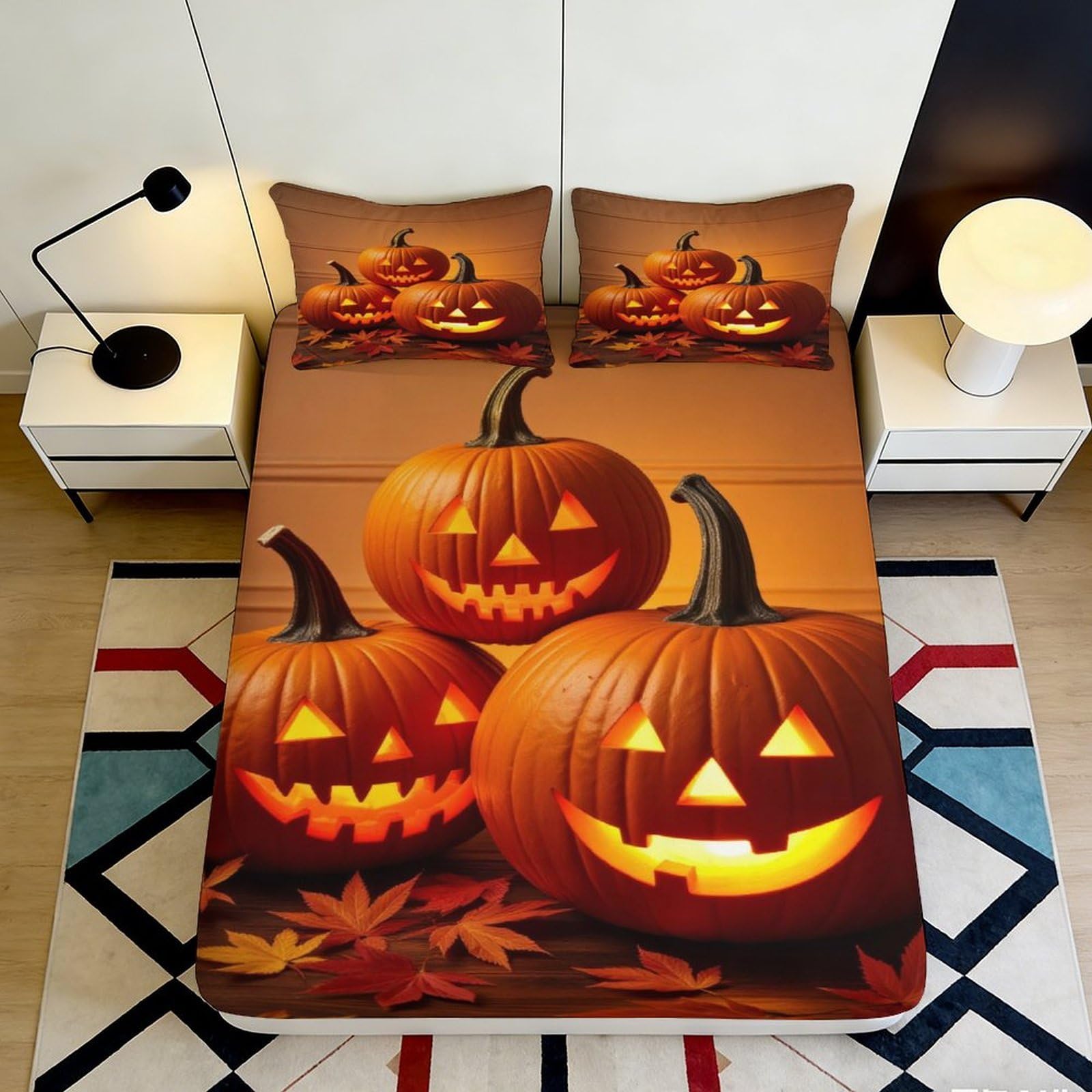 3D Printed Halloween Pumpkin Fitted Sheet Microfiber Soft Autumn Leaves Bed Cover for Bedroom Dorm Decor 90x200x25cm