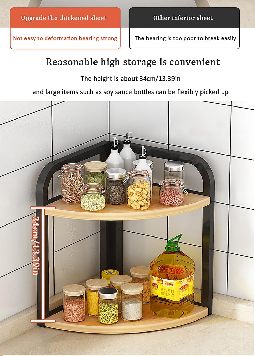 Dreamhousey Kitchen countertop corner shelf condiment rack, kitchen supplies wooden spice rack triangle iron nathroom corner desktop organizer (2-tier (L)), Black+Oak