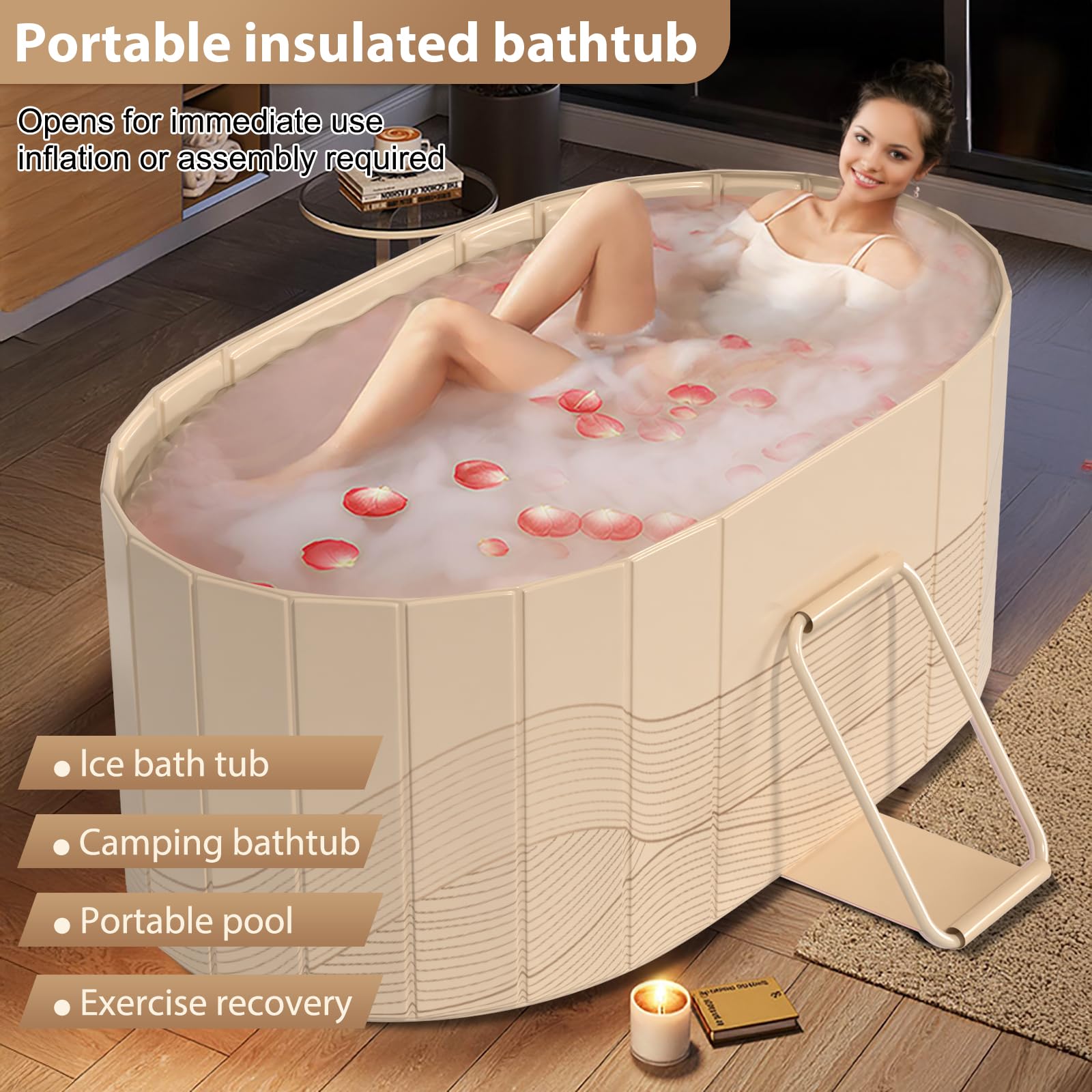Vinteky Baignoire pliable adulte 123x52x53cm,Baignoire portable pliable avec 2 panneaux de support latéraux,2 trous de drainage,pour adultes,baignoires pour Intérieur/Extérieur (Doré)