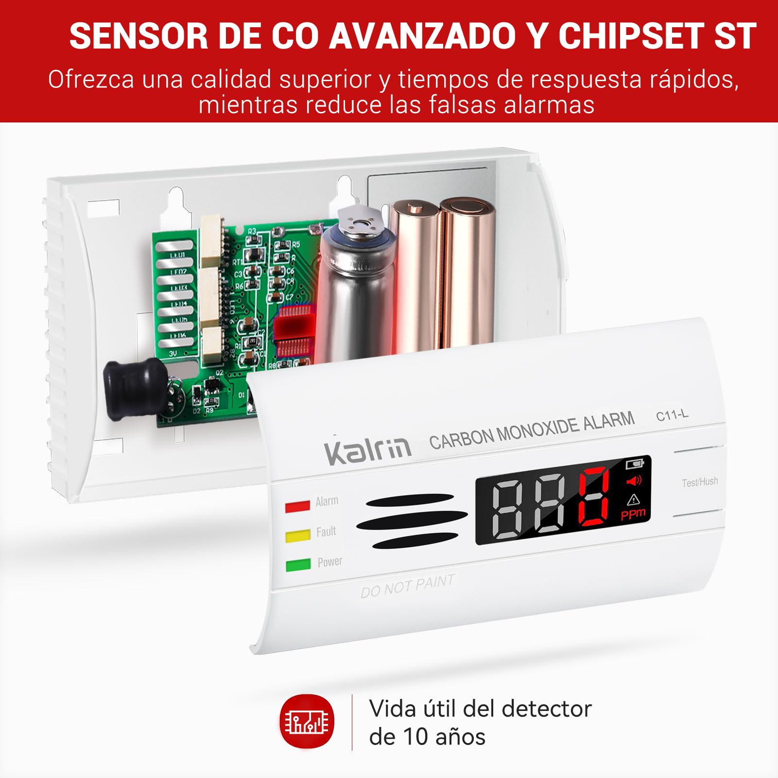 Kalrin Detector de monóxido de Carbono, Detector de CO con 10 años de duración del Sensor, Pantalla LED contra Incendios para Casas, Dormitorios y Hoteles, EN50291