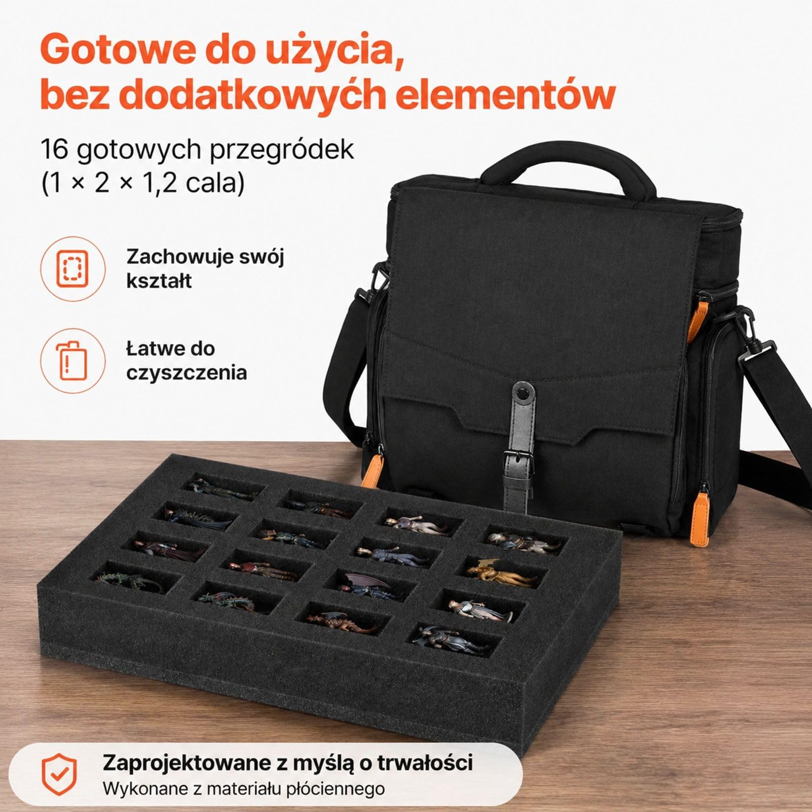 Torba transportowa na 16 miniatur piechoty, uchwyt, regulowany pasek na ramię, 1 warstwa pianki, modele nie wchodzą w skład zestawu