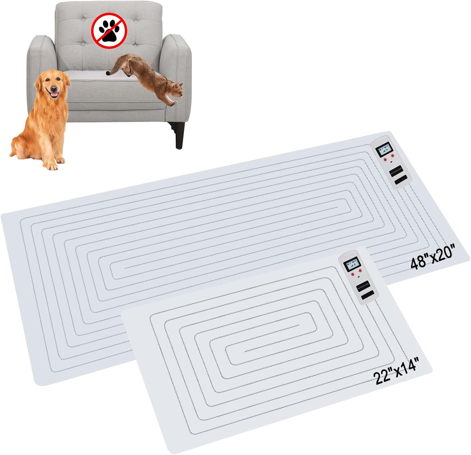 SEERWAY Scat Pet Shock Mat Upgraded 2 Pieces in Different Size, Shock Pads for Dogs and Cats Training Indoor, Electric Repellent Mat Keeps Pets off Couch, Sofa, Countertop, 3 Modes (48"x20" + 22"x14")