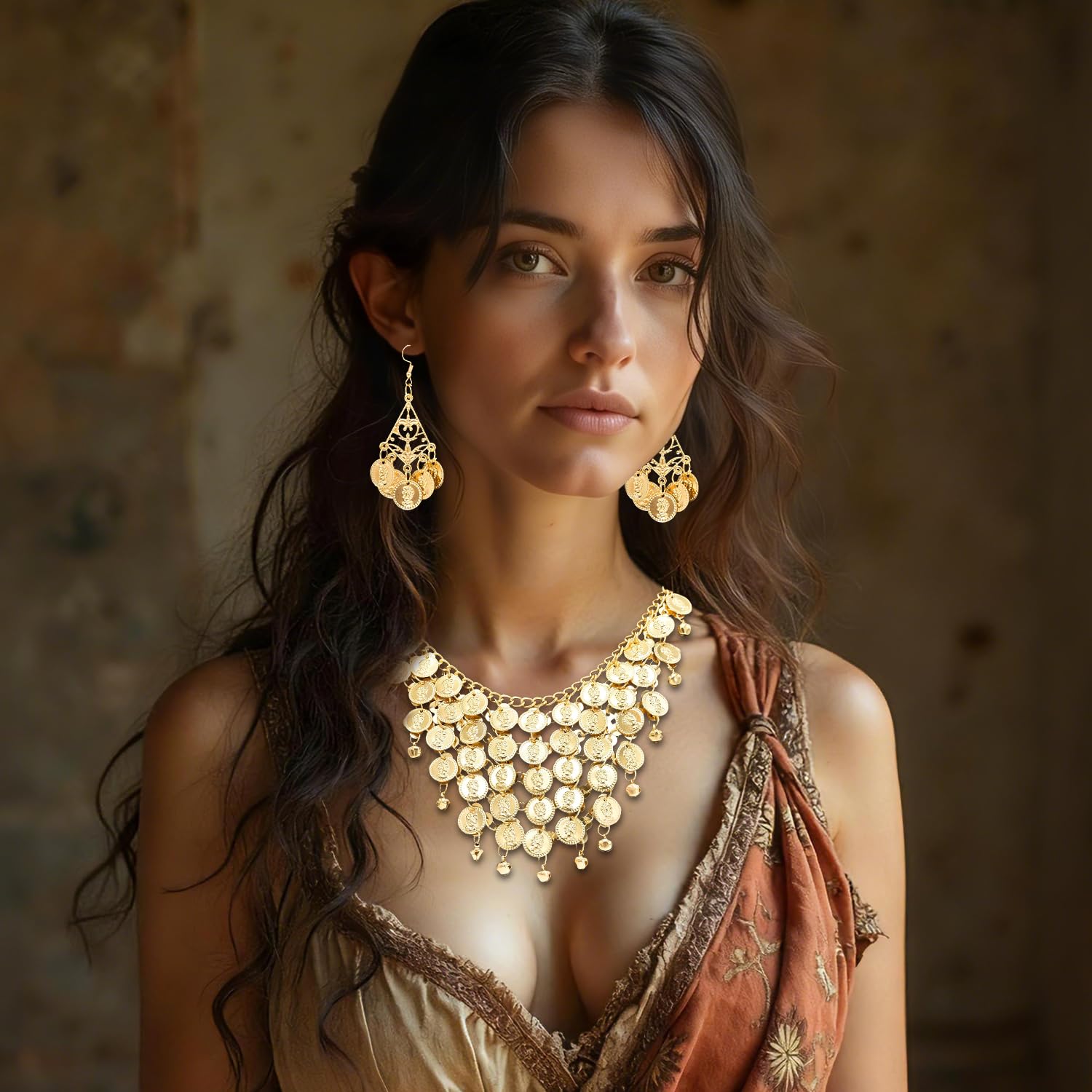 DIPZO Egyptian Costume Accessories Golden Hair Clips and Necklace for Cleopatra Party and Belly Dance Festival Performance - Image 3