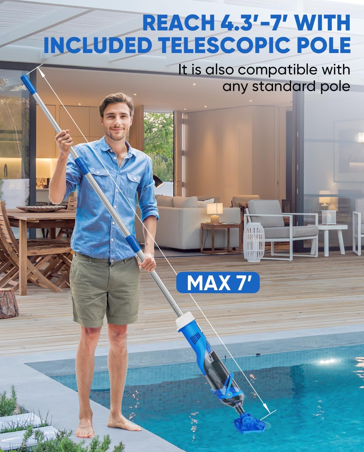 Cordless Pool Vacuum with Telescopic Pole, 18.5 GPM Powerful Suction, 1.5H Supercharge Technology, Handheld Pool Vacuum Cleaner for Above Ground/Inground Pools, Hot Tubs, Blue