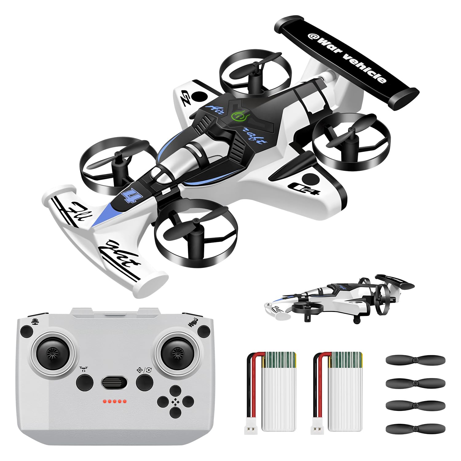 HAWK’S WORK 2-in-1 F1 Flying Car & Stunt Drone, High-Speed Drift Race Car & 4-Axis Quadcopter, Easy to Control, Fun & Safe RC Toy for Indoor & Outdoor Play (White)