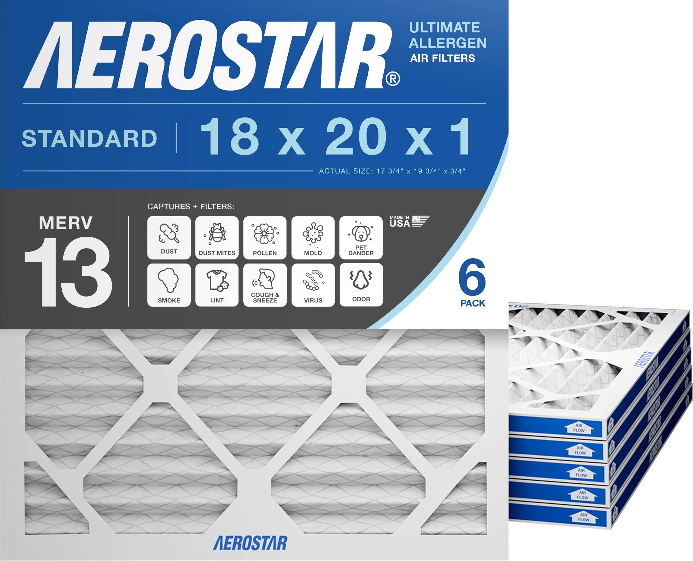 Aerostar 18x20x1 MERV 13 Pleated Air Filter, AC Furnace Air Filter, 6-Pack (Actual Size: 17 3/4" x 19 3/4" x 3/4")